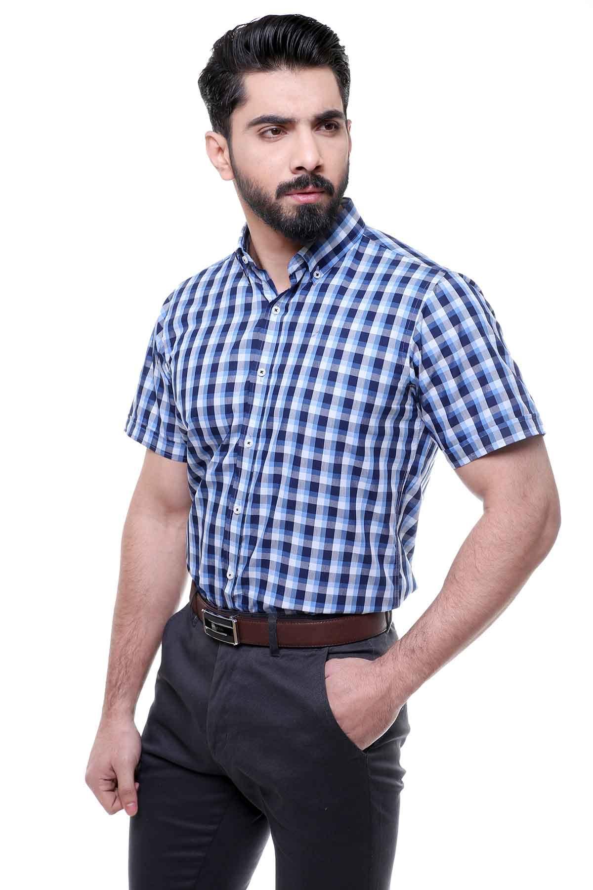 SEMI FORMAL SHIRTS BUTTON DOWN HALF SLEEVE BLUE CHECK at Charcoal Clothing