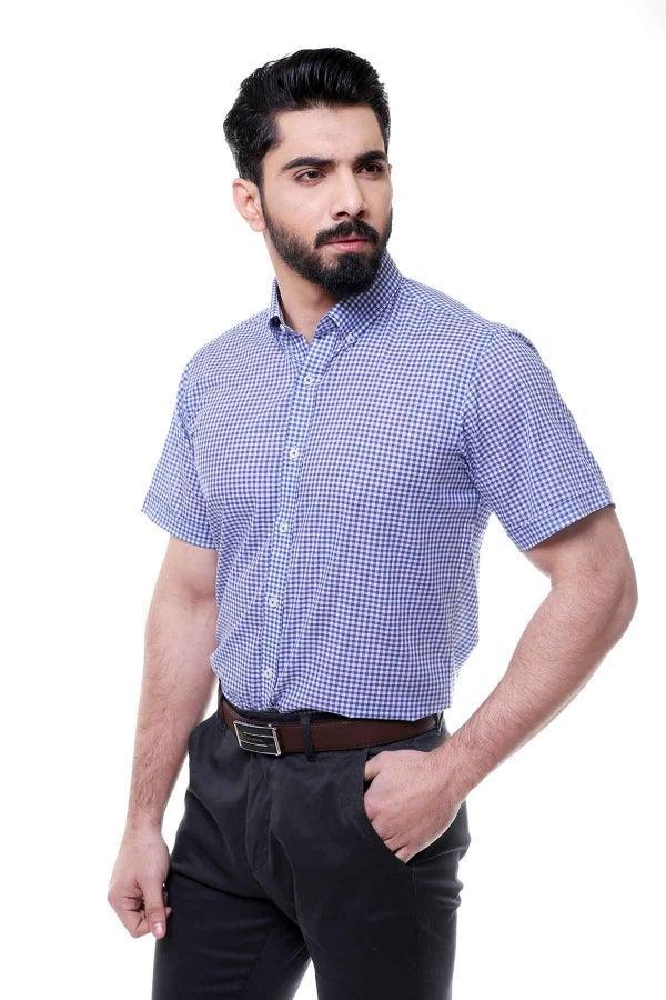 Blue check half-sleeve button-down shirt with collared front and visible buttons