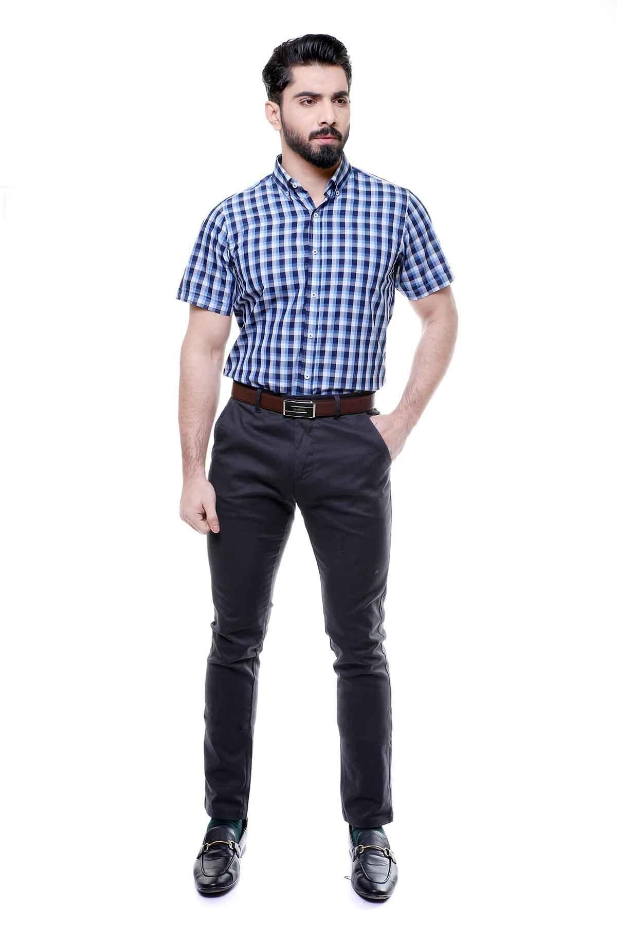 SEMI FORMAL SHIRTS BUTTON DOWN HALF SLEEVE BLUE CHECK at Charcoal Clothing