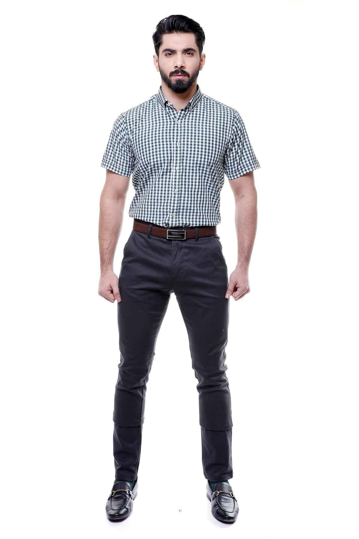Men's half-sleeve button-down shirt, green-blue check pattern