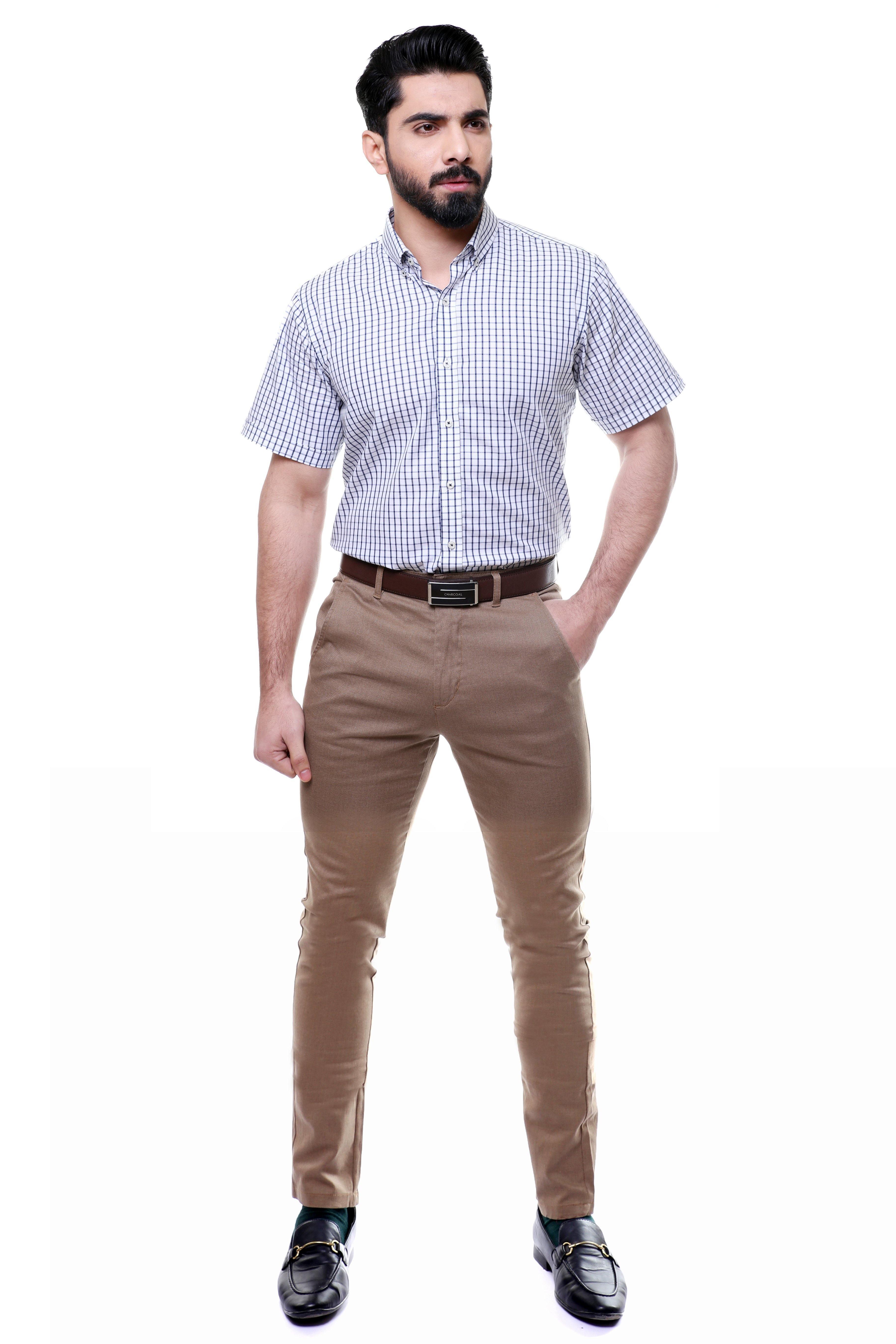 Blue and white check short-sleeve button-down shirt, collared with button placket