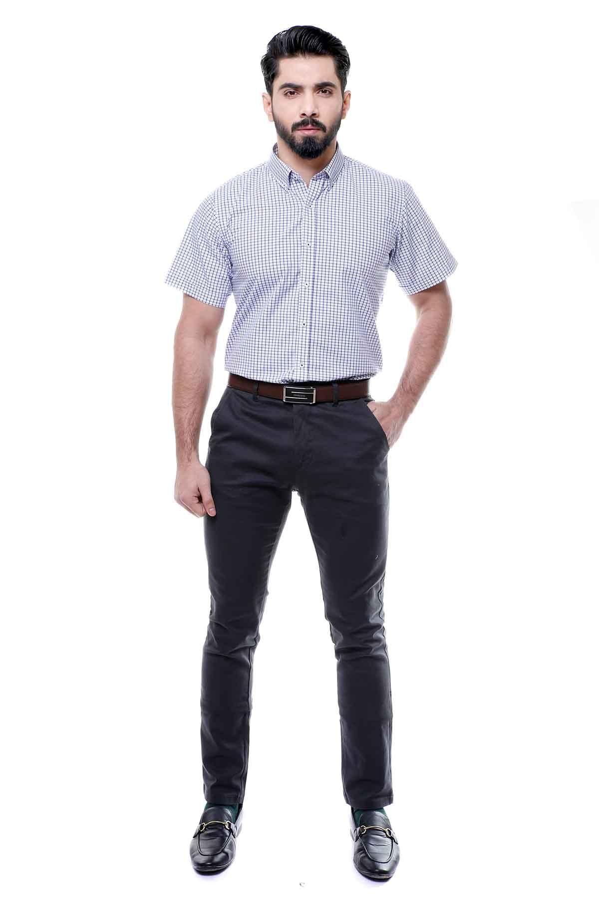 Blue and white check short-sleeve button-down shirt with front buttons