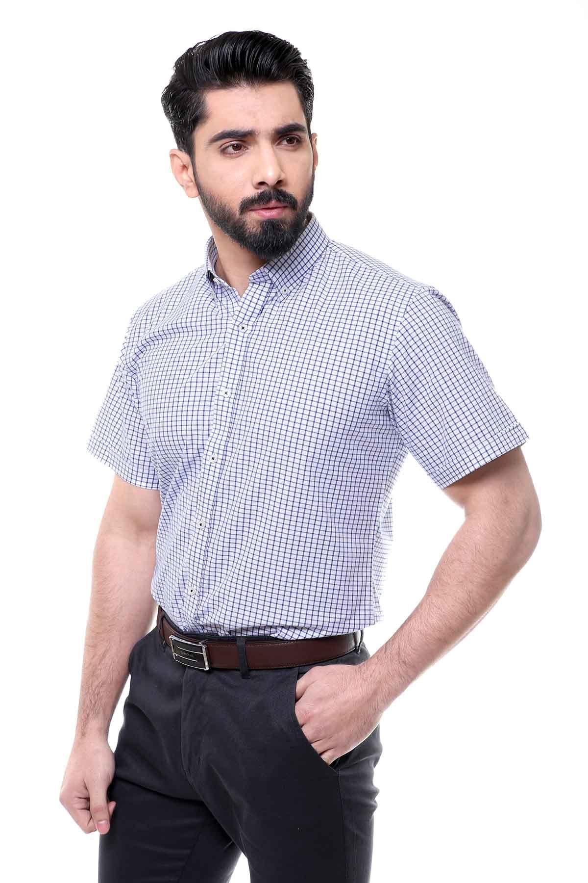 Blue and white check button-down short-sleeve shirt with pointed collar