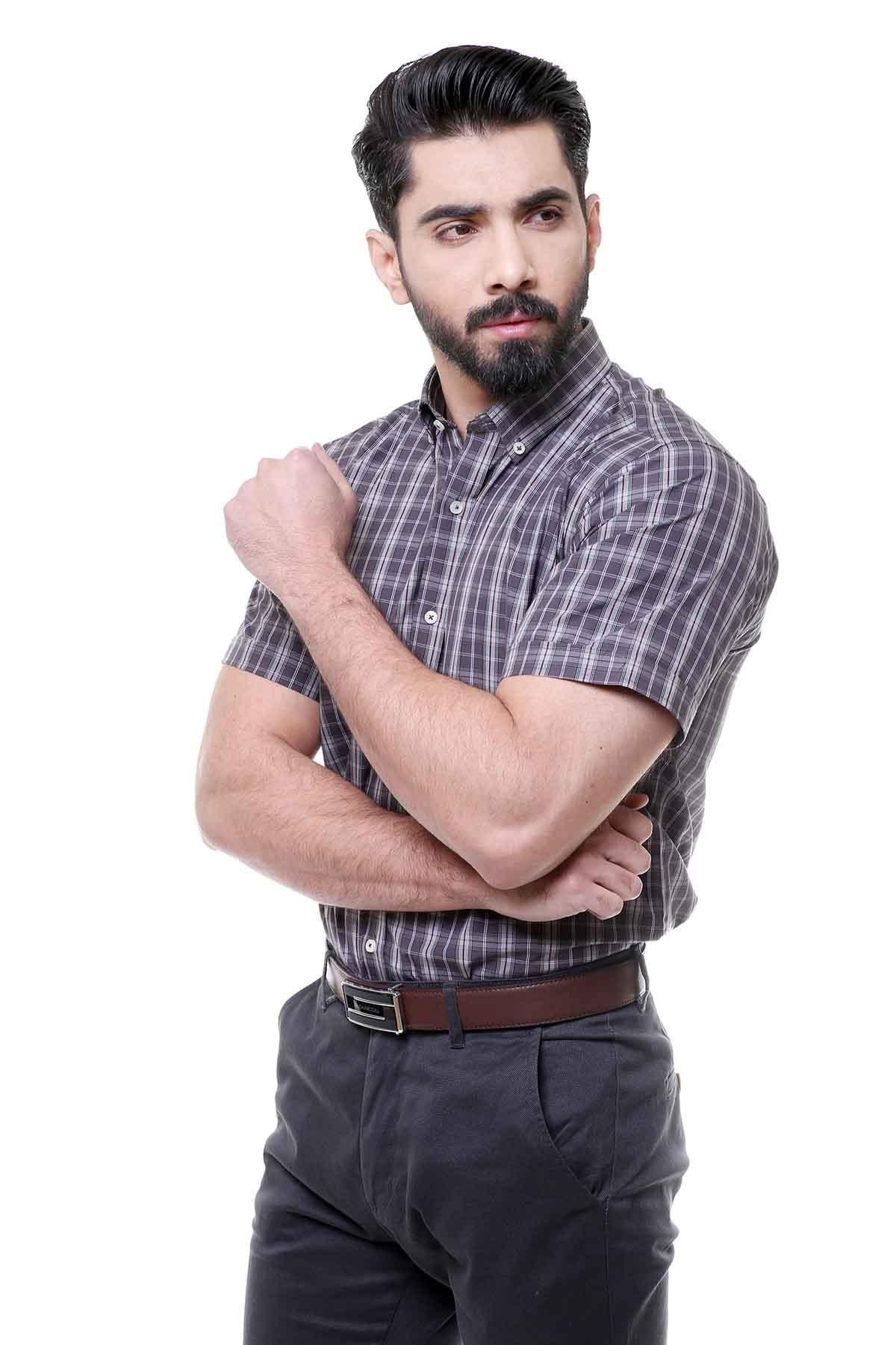 Dark grey check button-down short-sleeve shirt with open collar and buttons