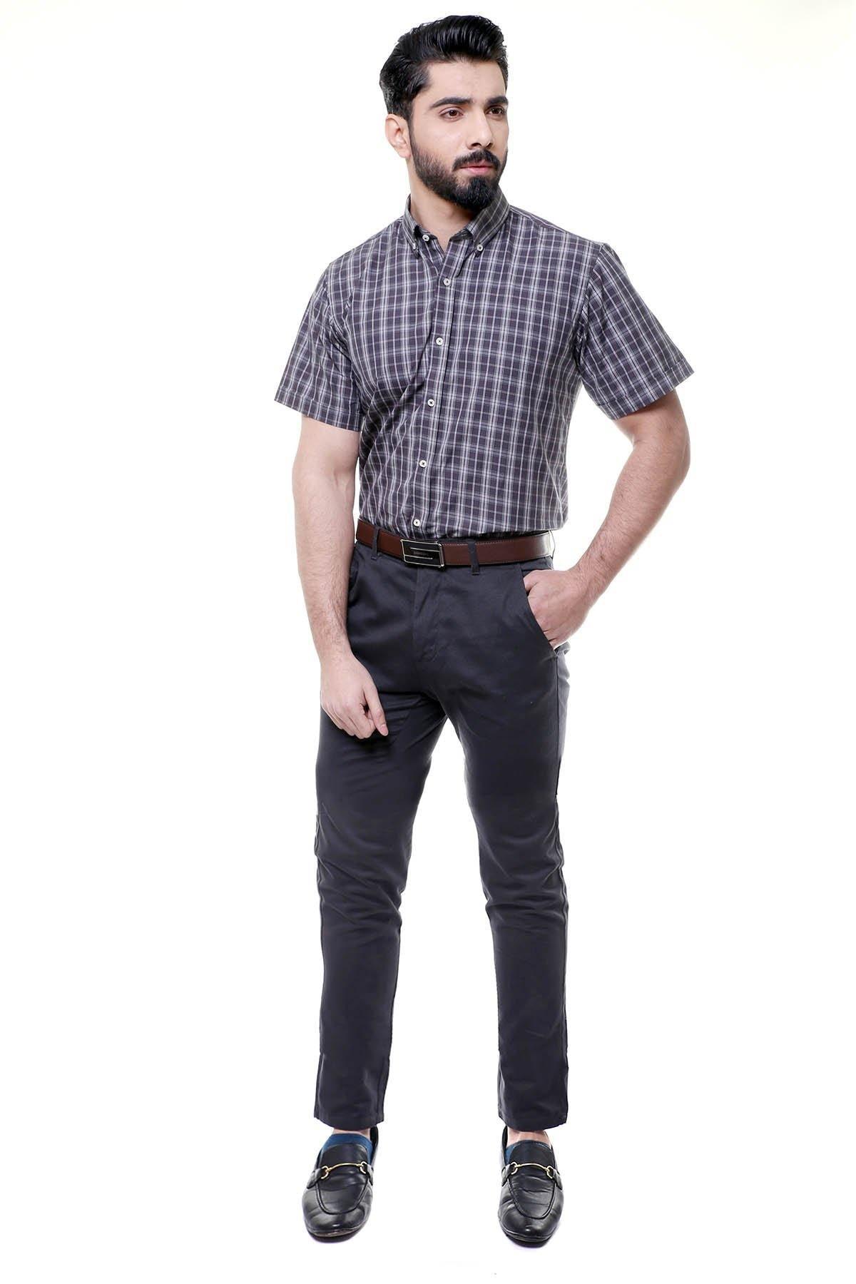Dark grey check button-down short-sleeve shirt with front buttons