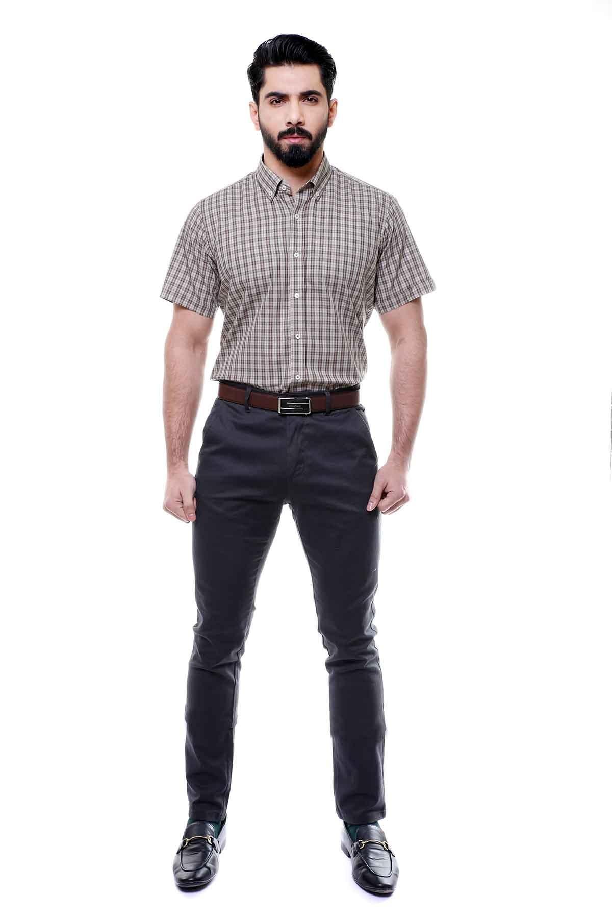 Checkered short-sleeve button-down shirt, front view