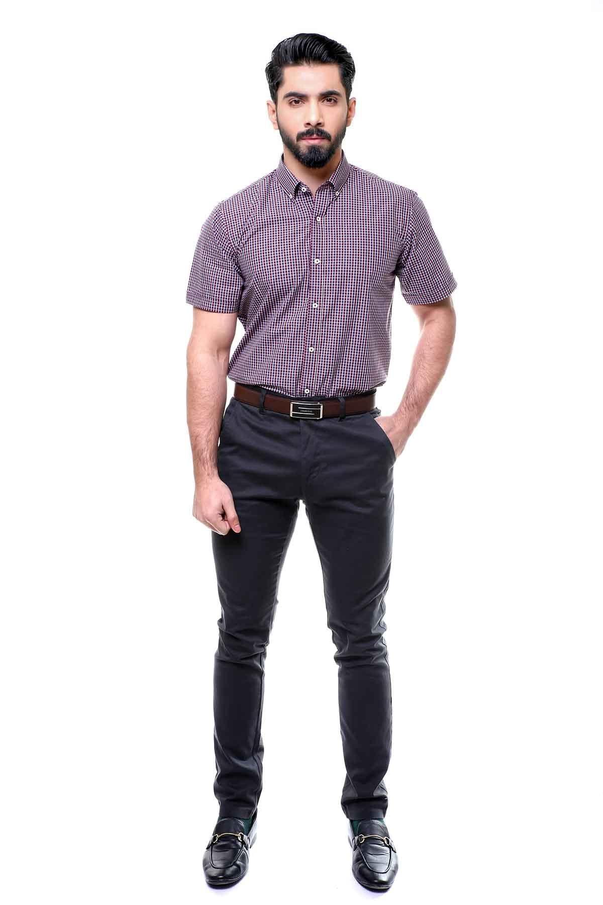Maroon check button-down short-sleeve shirt with front buttons