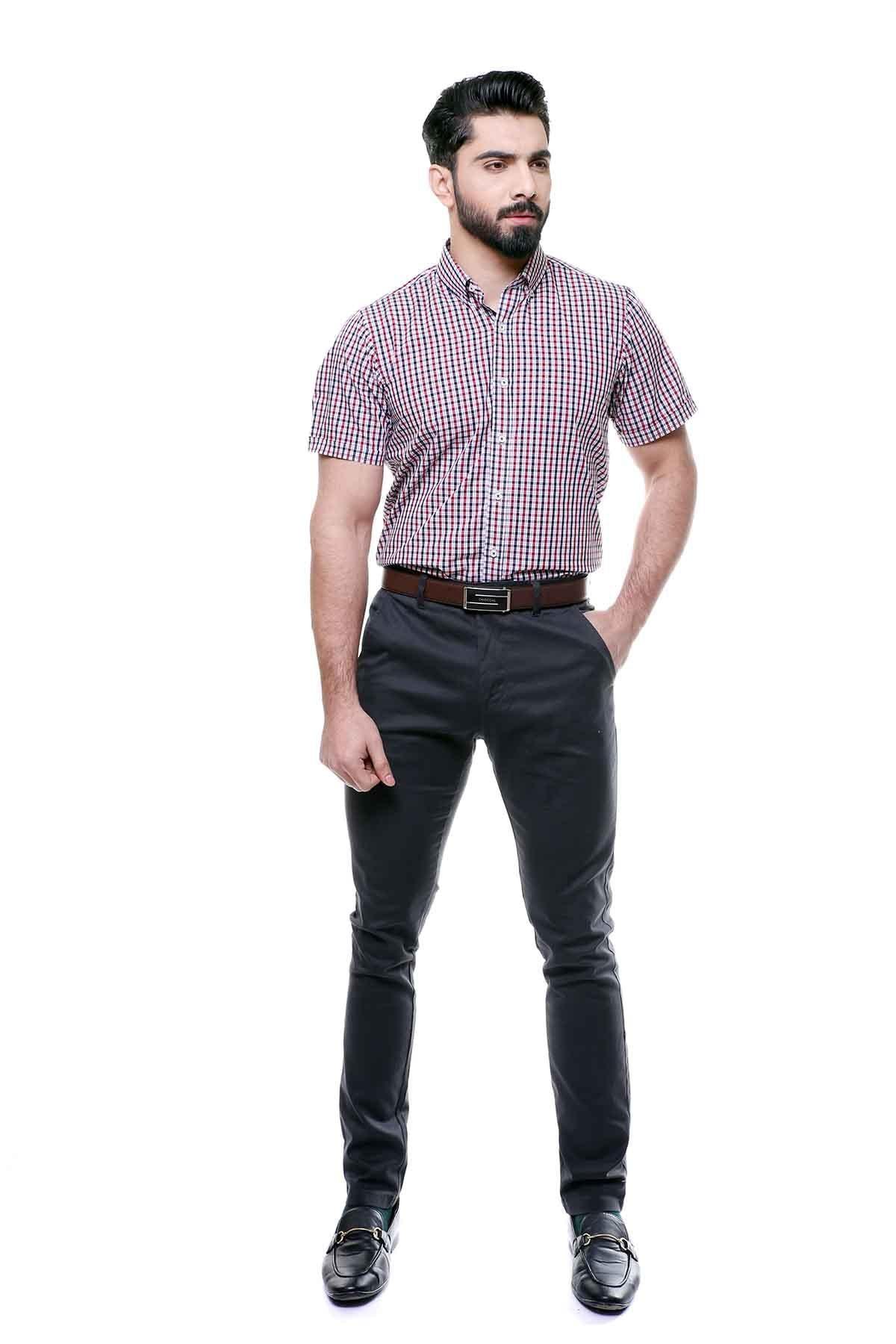 SEMI FORMAL SHIRTS BUTTON DOWN HALF SLEEVE MAROON WHITE at Charcoal Clothing