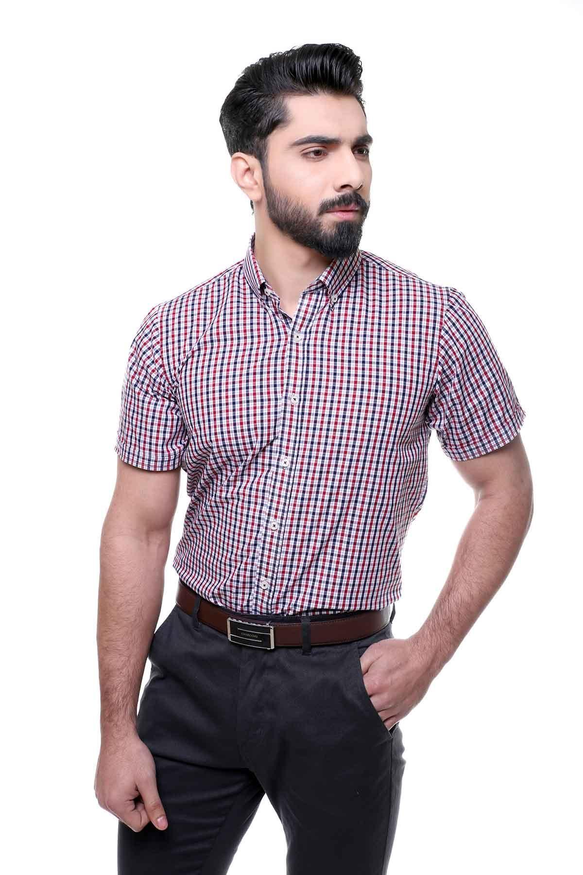 SEMI FORMAL SHIRTS BUTTON DOWN HALF SLEEVE MAROON WHITE at Charcoal Clothing