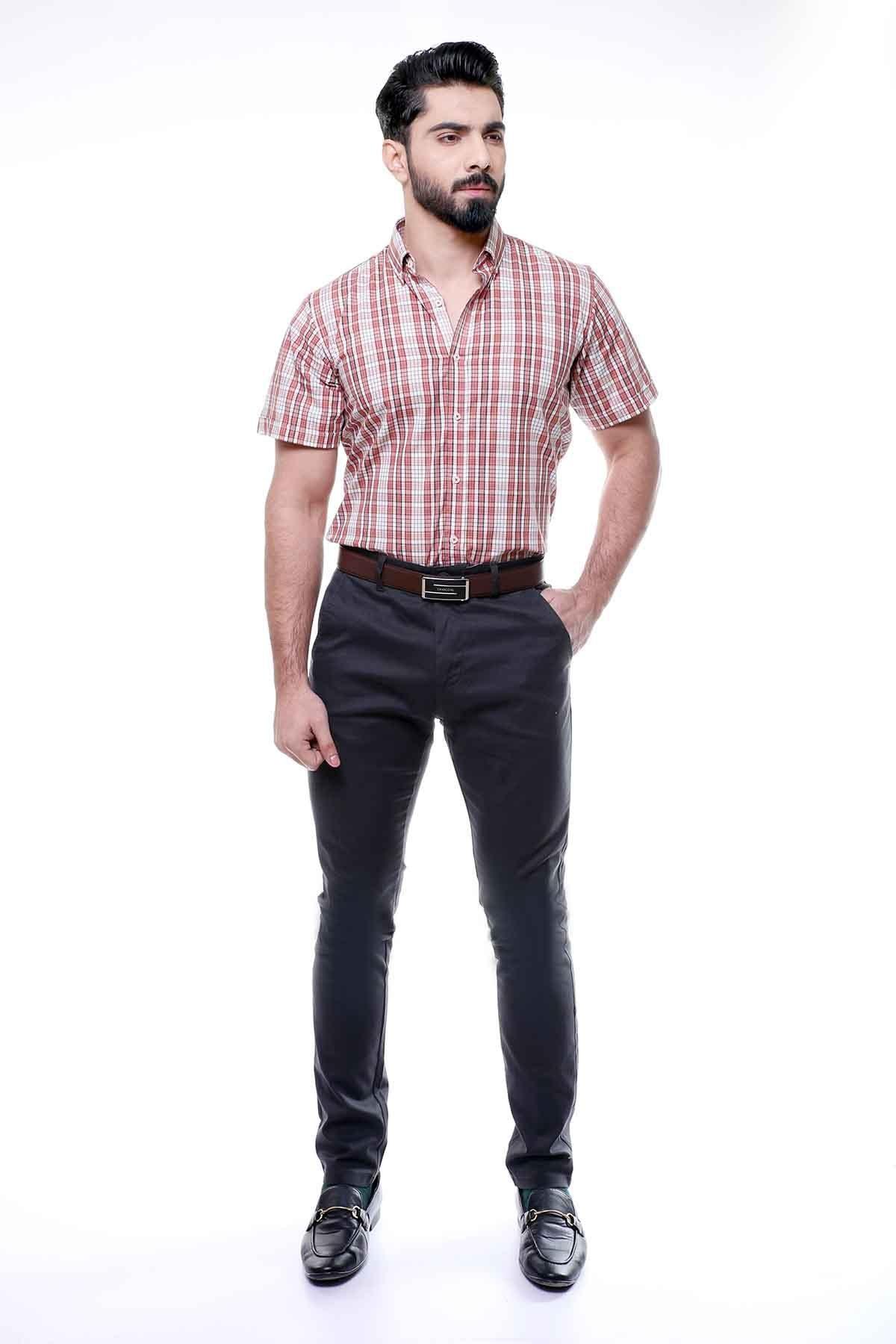 Short-sleeve button-down plaid shirt in red and white, front view