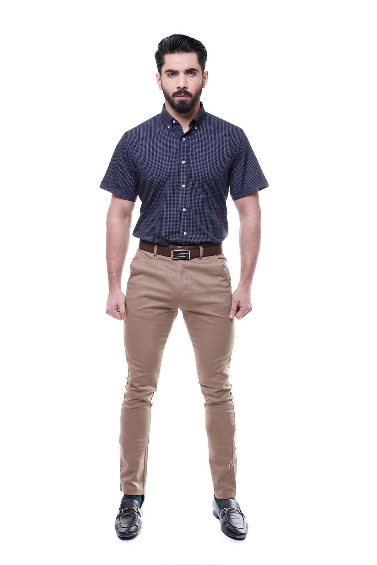 SEMI FORMAL SHIRTS BUTTON DOWN HALF SLEEVE NAVY CHECK at Charcoal Clothing