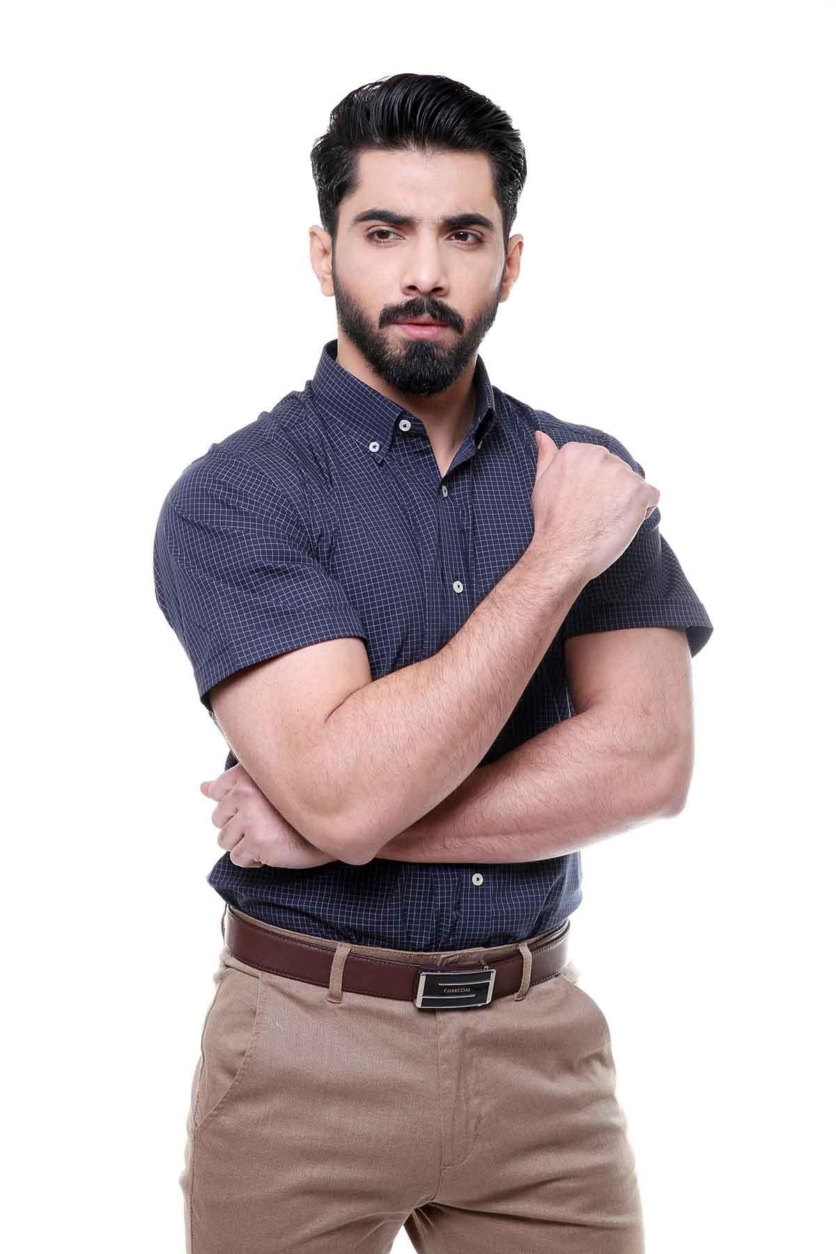SEMI FORMAL SHIRTS BUTTON DOWN HALF SLEEVE NAVY CHECK at Charcoal Clothing
