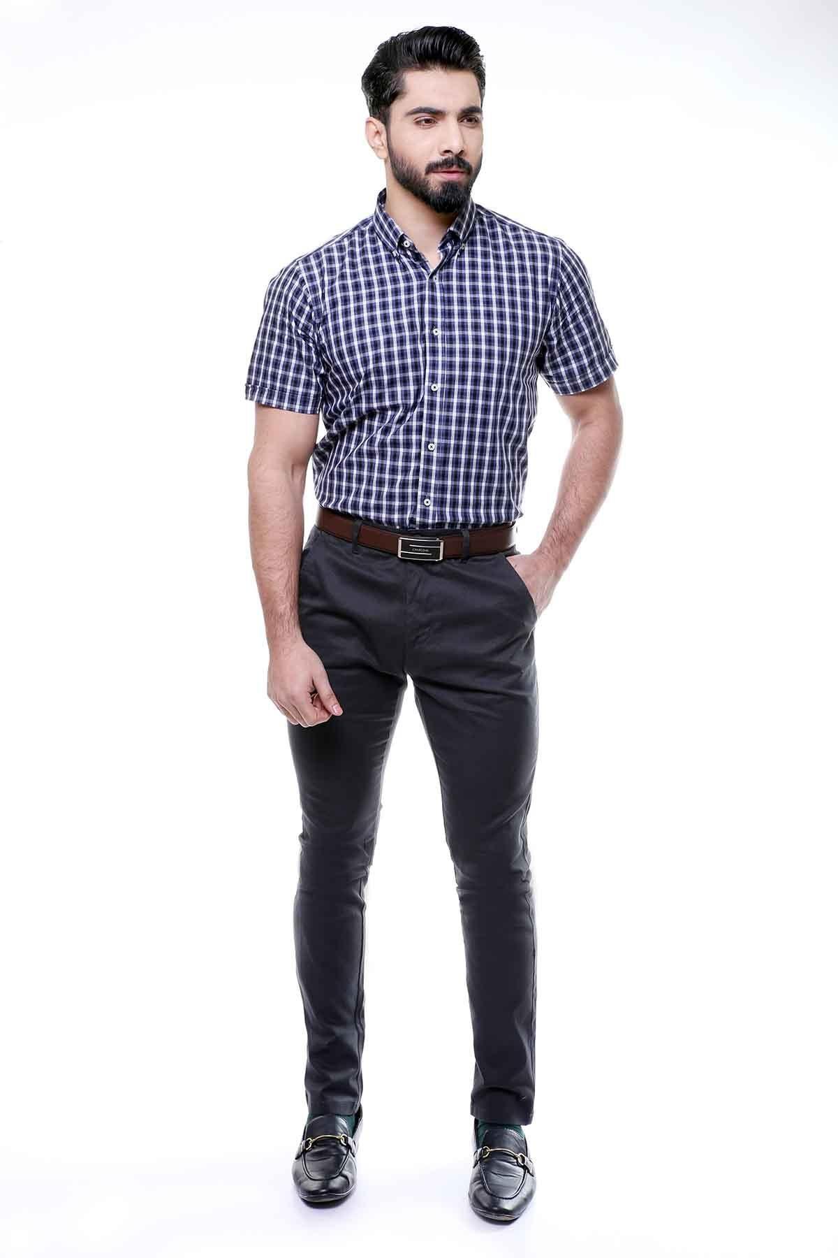 SEMI FORMAL SHIRTS BUTTON DOWN HALF SLEEVE NAVY GREY at Charcoal Clothing