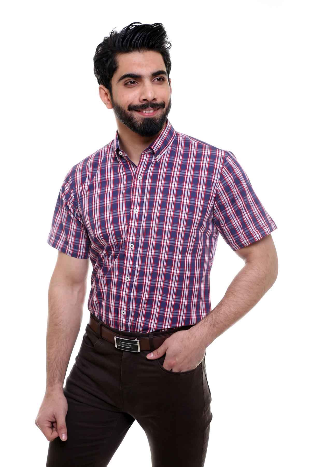 SEMI FORMAL SHIRTS BUTTON DOWN HALF SLEEVE NAVY RED at Charcoal Clothing