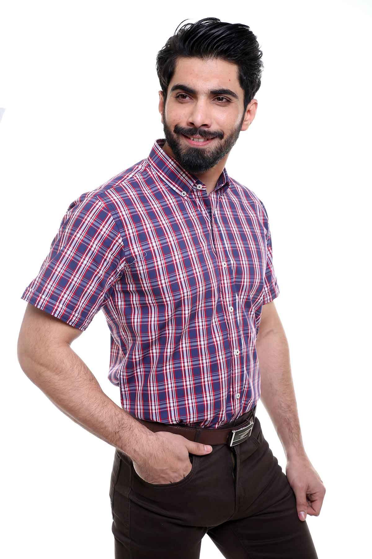 SEMI FORMAL SHIRTS BUTTON DOWN HALF SLEEVE NAVY RED at Charcoal Clothing