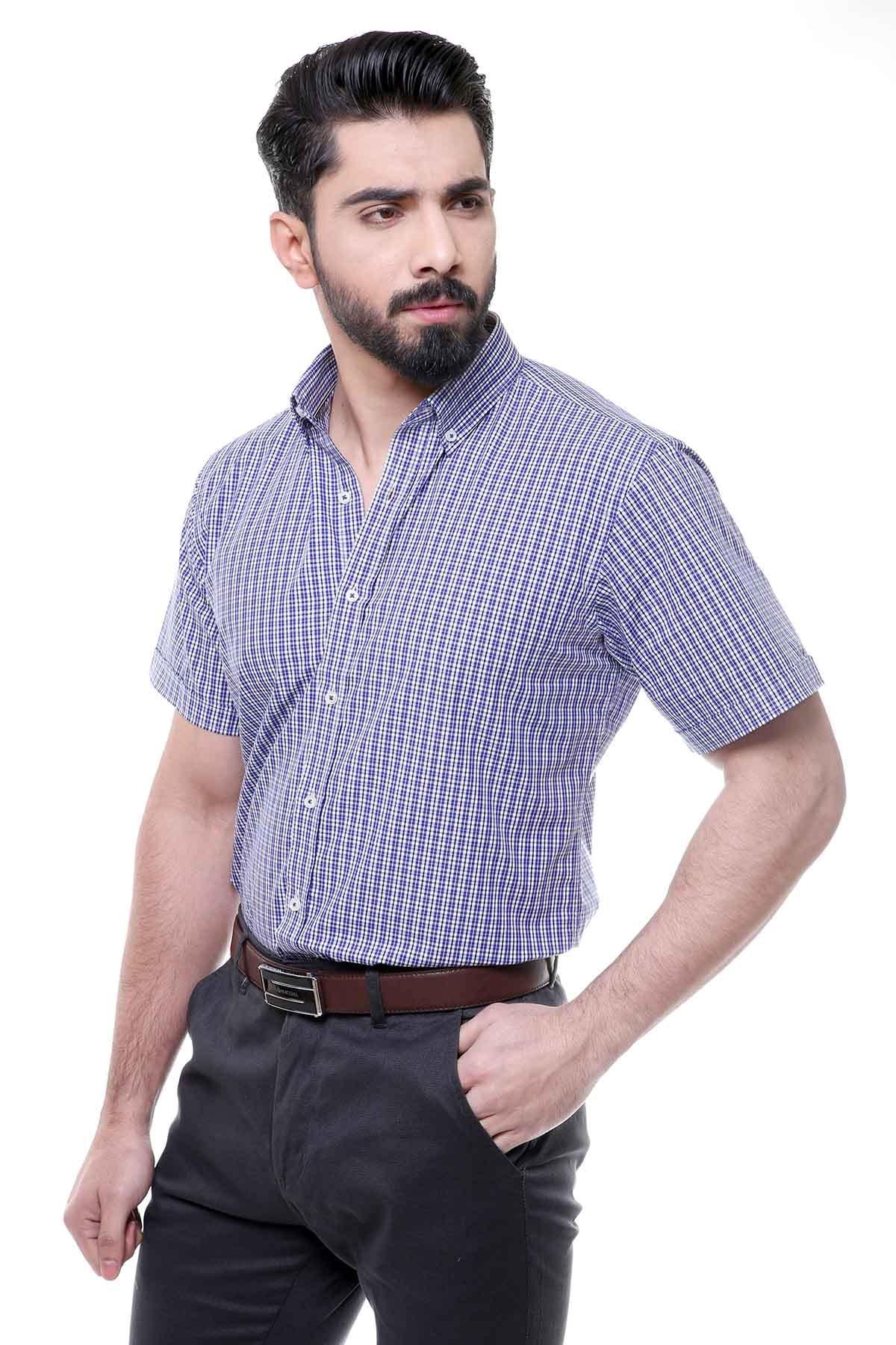 Navy and white check short-sleeve button-down shirt with button placket and collar