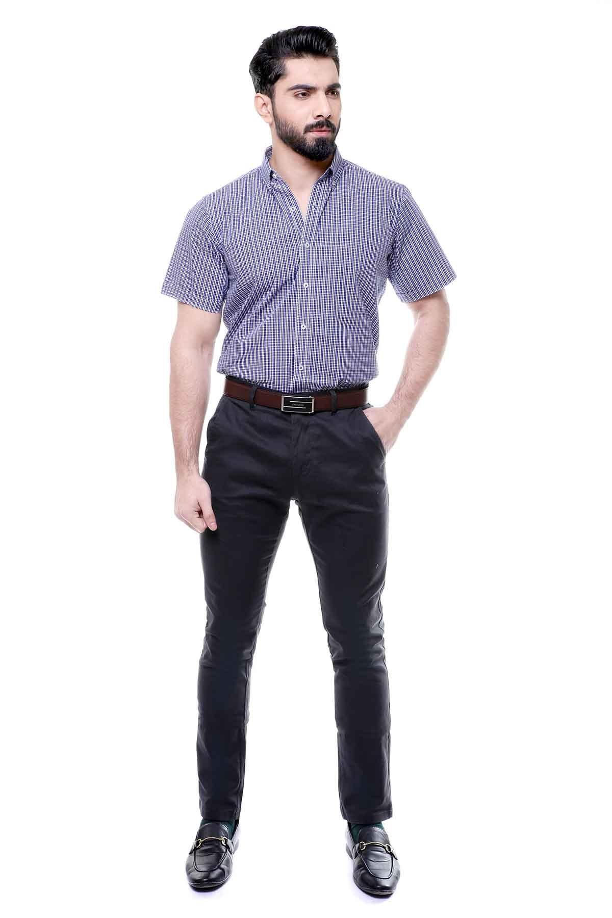 Navy and white check half-sleeve button-down shirt with collar and front buttons