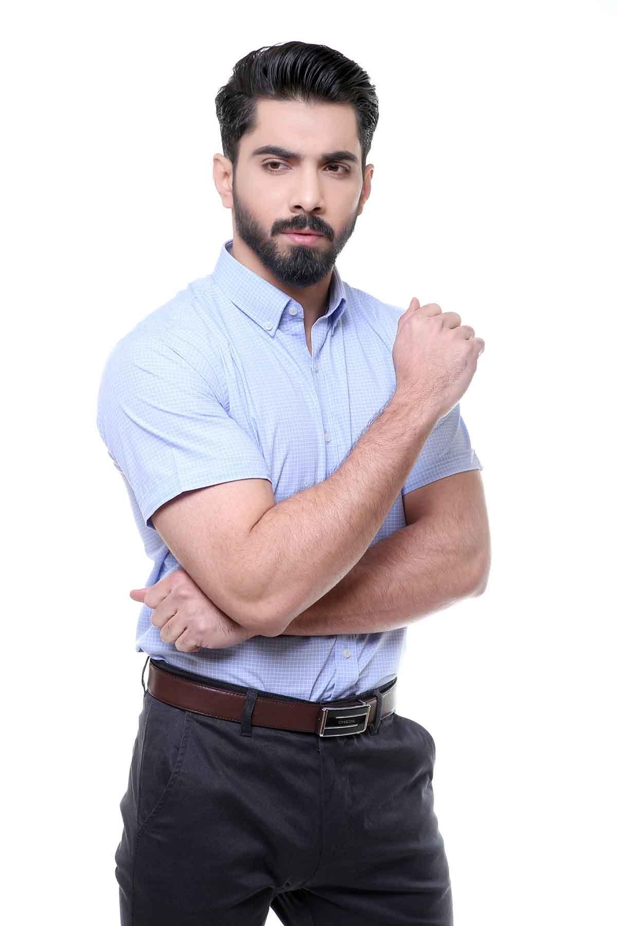 SEMI FORMAL SHIRTS BUTTON DOWN HALF SLEEVE SKY CHECK at Charcoal Clothing