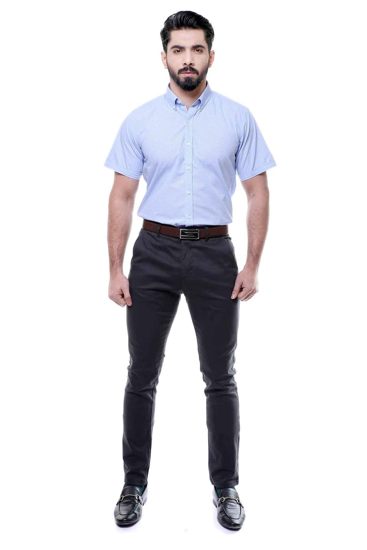 SEMI FORMAL SHIRTS BUTTON DOWN HALF SLEEVE SKY CHECK at Charcoal Clothing