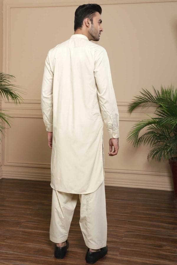 Beige shalwar kameez with ban collar, long kurta and matching shalwar trousers