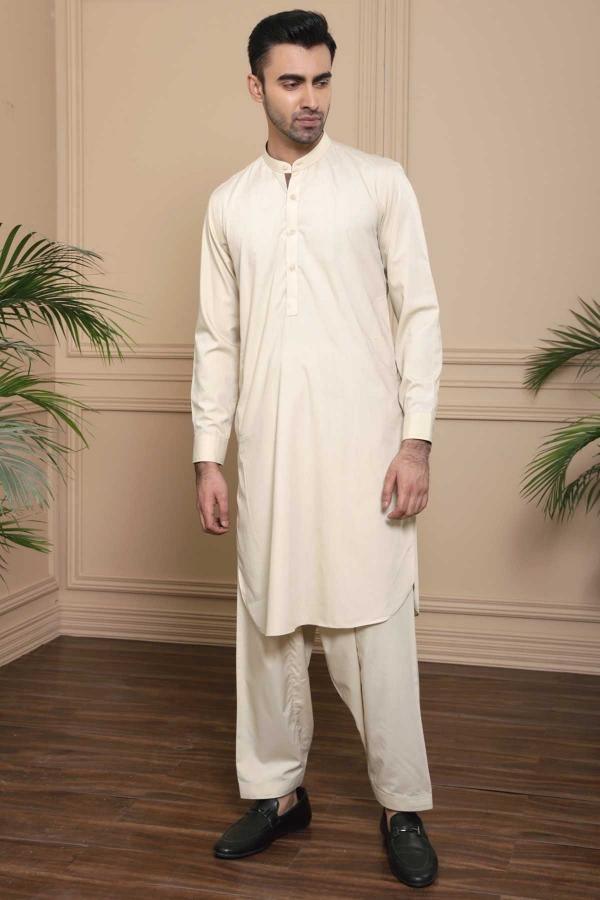 Beige shalwar kameez with ban collar, button placket, cuffed sleeves and shalwar