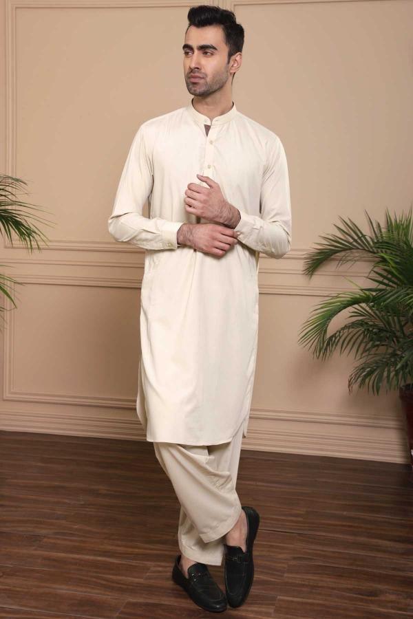 Beige shalwar kameez with ban collar, long sleeves and matching trousers