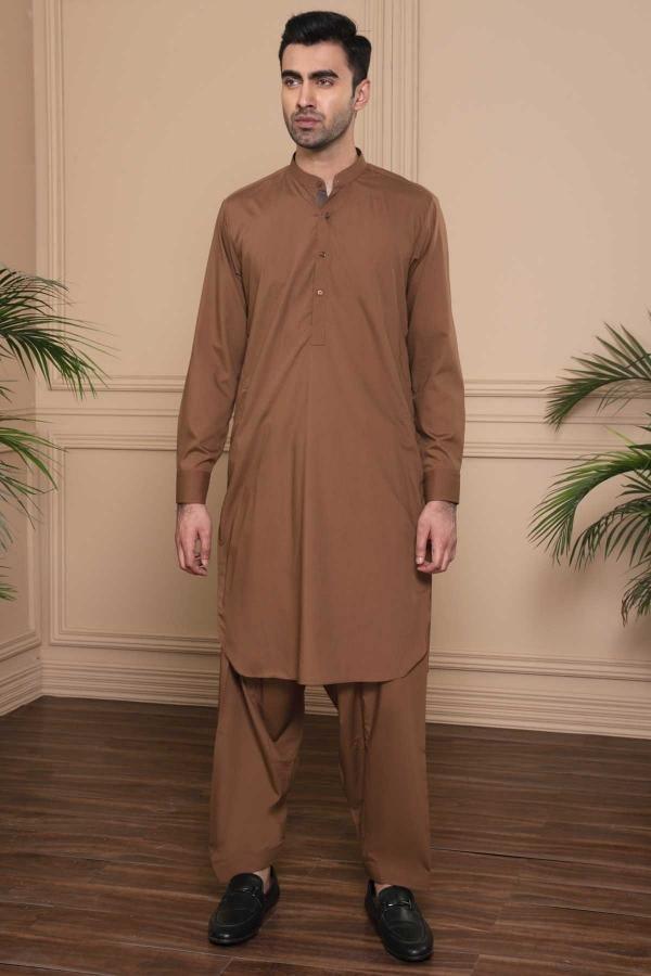Men's brown shalwar kameez set with band collar and matching trousers, full front view