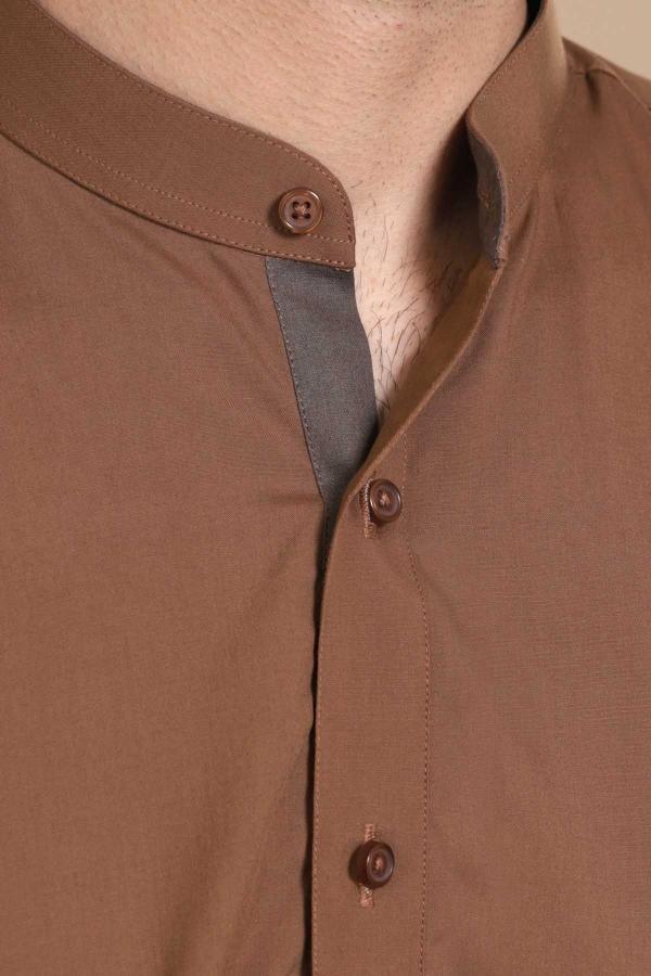 Brown band-collar kameez with button placket detail, close-up