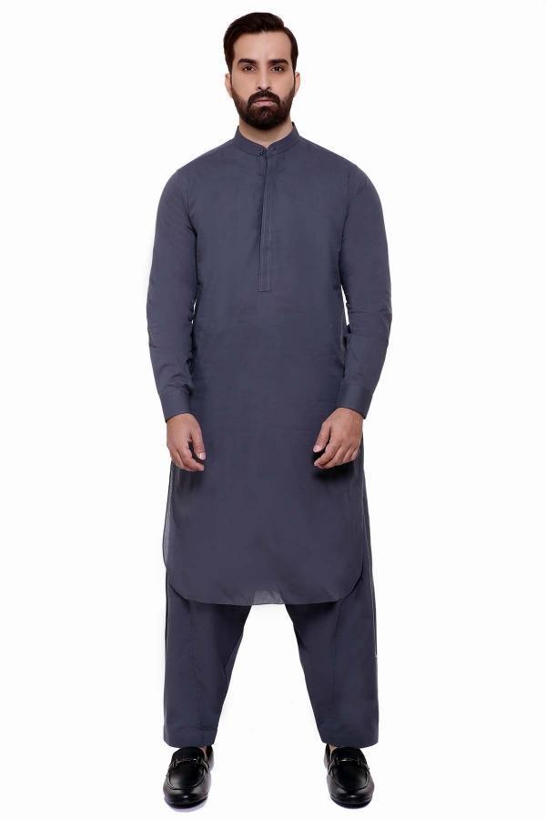 SHALWAR KAMEEZ BAN COLLAR DARK GREY at Charcoal Clothing