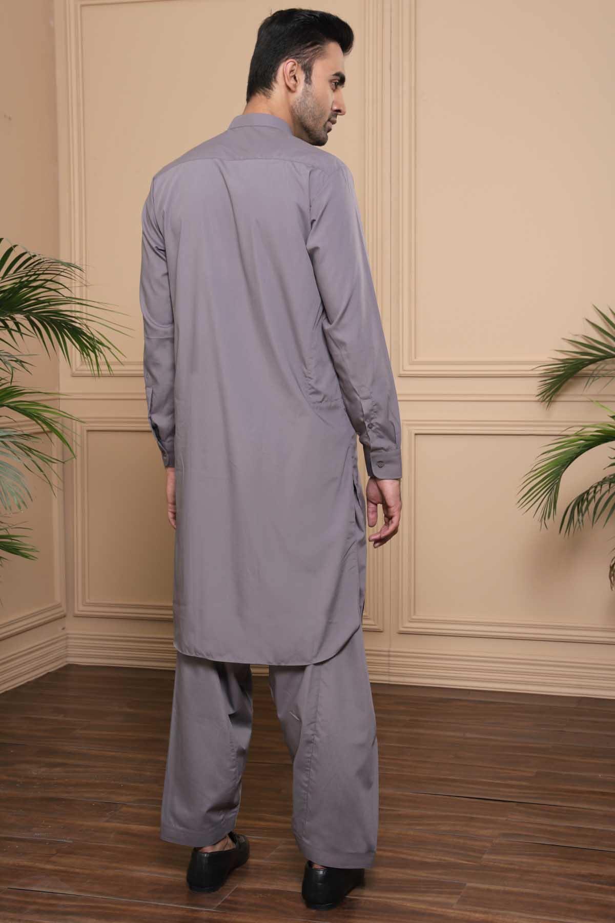 Grey shalwar kameez set with ban collar, long back tunic and matching trousers