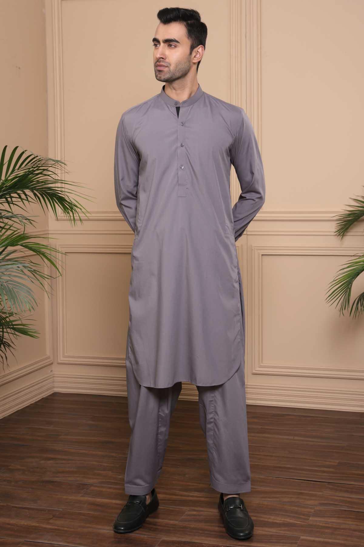 Grey shalwar kameez set with ban collar, long sleeves and matching trousers