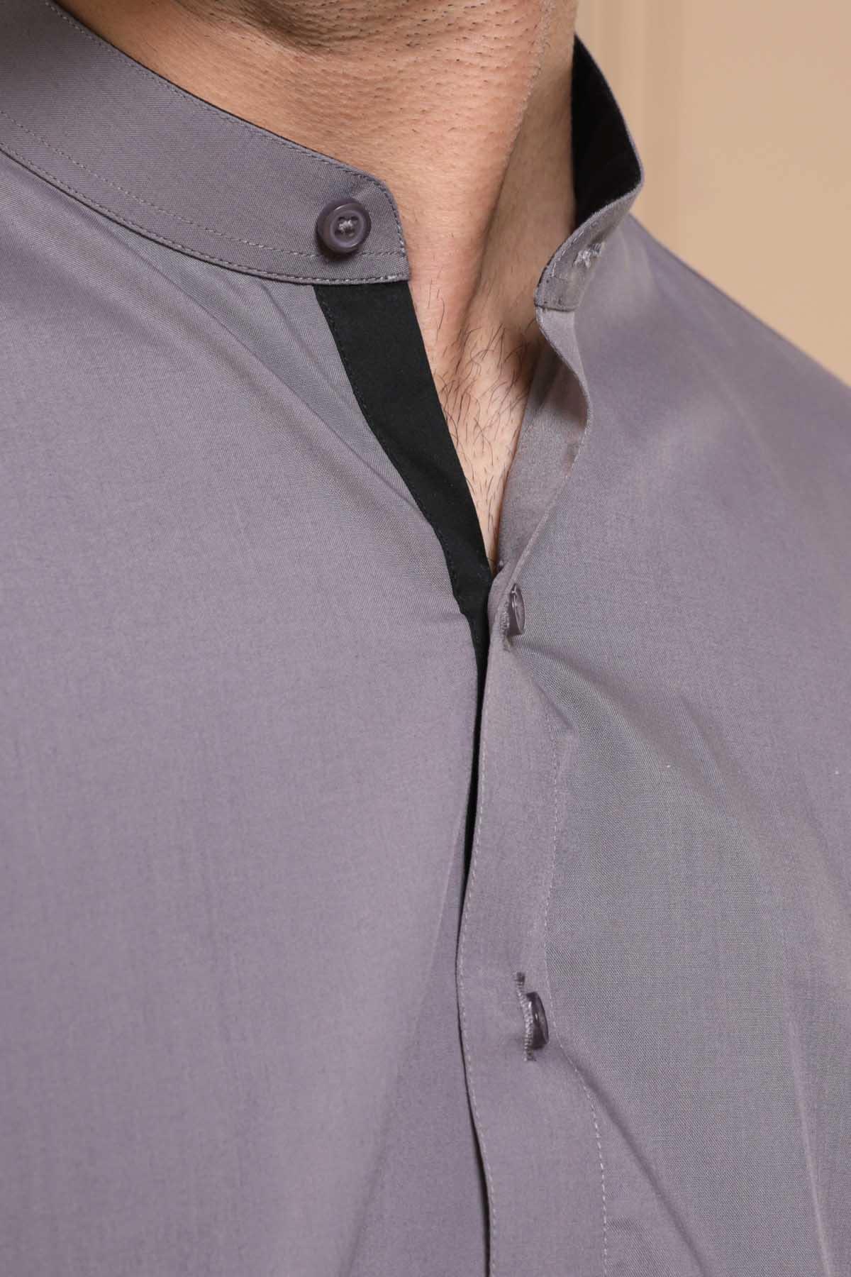 Grey ban-collar shalwar kameez with button placket