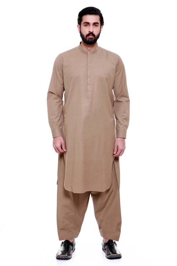 Light brown band-collar shalwar kameez set, long tunic with matching shalwar