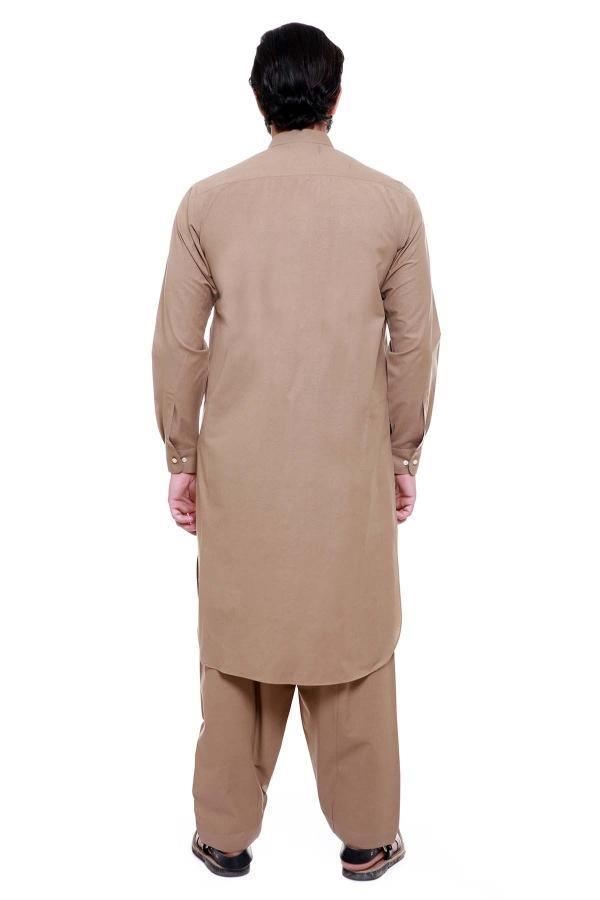 Light brown shalwar kameez with band collar, back view showing long tunic
