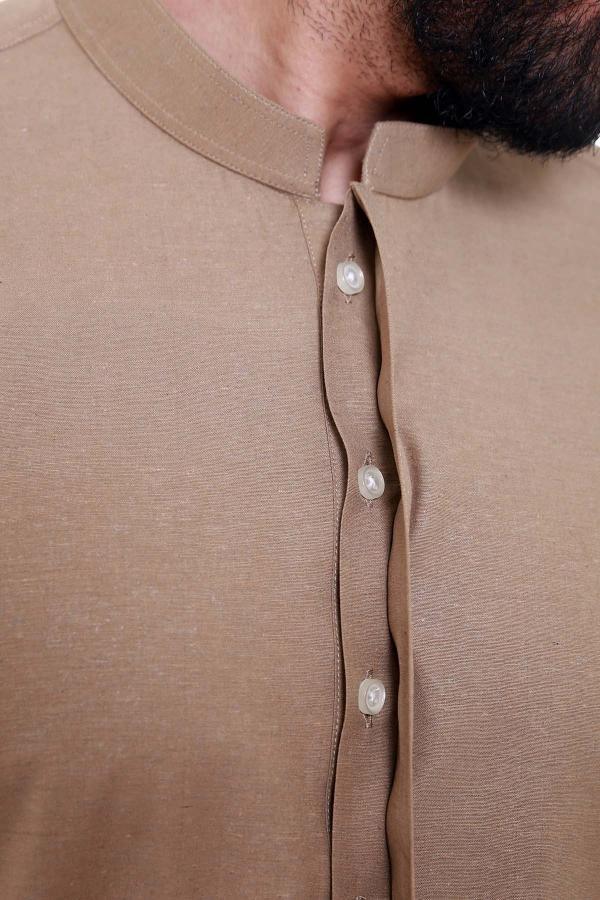 Light brown shalwar kameez with band collar and buttoned front placket