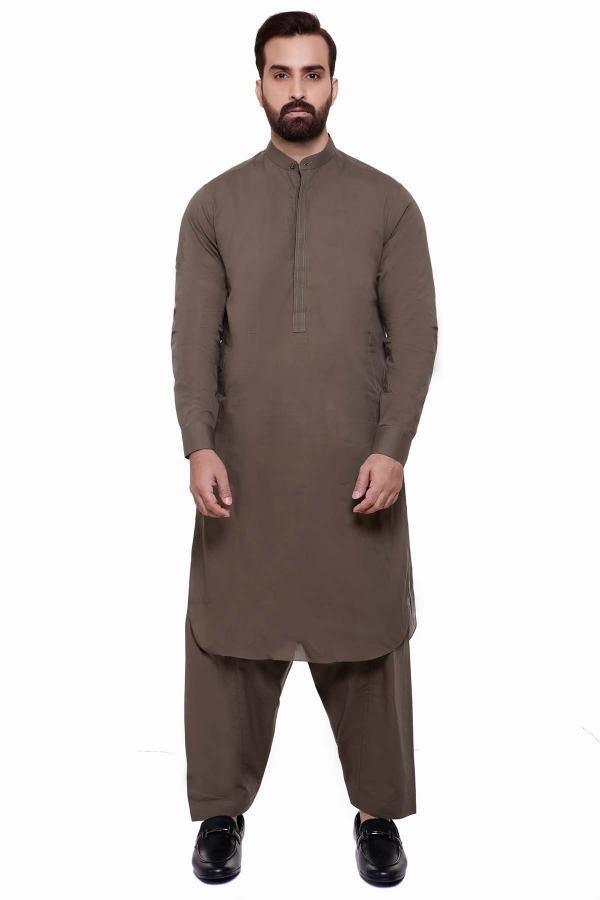 Men's band-collar shalwar kameez with button placket and matching trousers