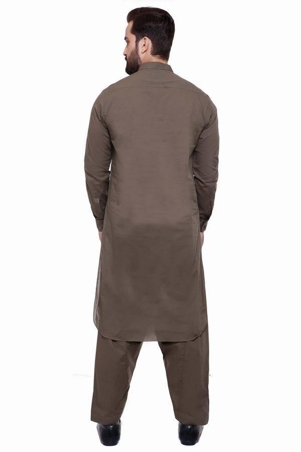 Men's band-collar shalwar kameez back view with long sleeves and matching trousers