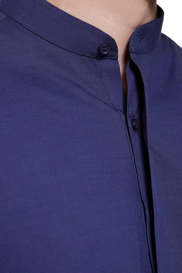 Navy band collar and button placket of shalwar kameez, close-up