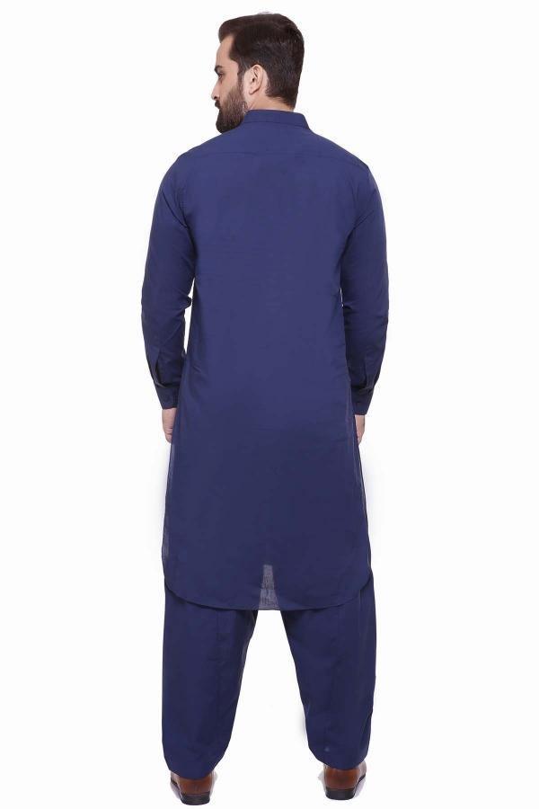 Men's navy shalwar kameez set with band collar, full-length tunic and trousers