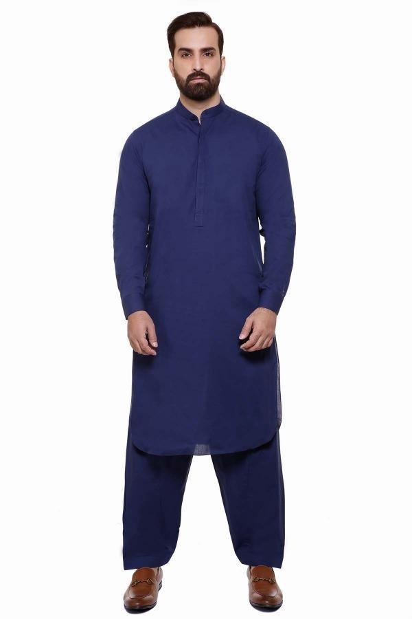 Men's navy shalwar kameez with band collar, front button placket, long sleeves