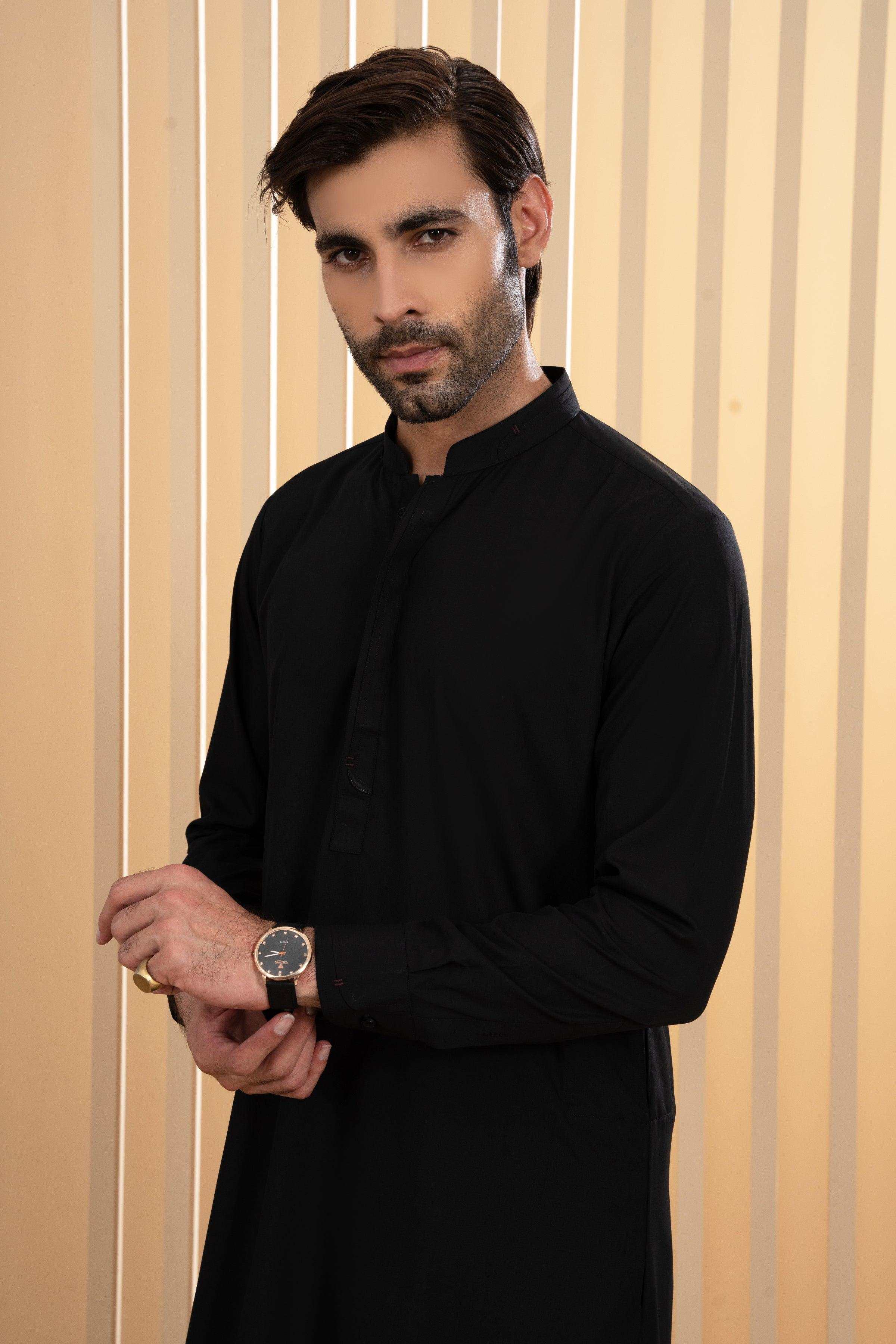 Black kurta and shalwar set, close-up of neckline and placket with button details