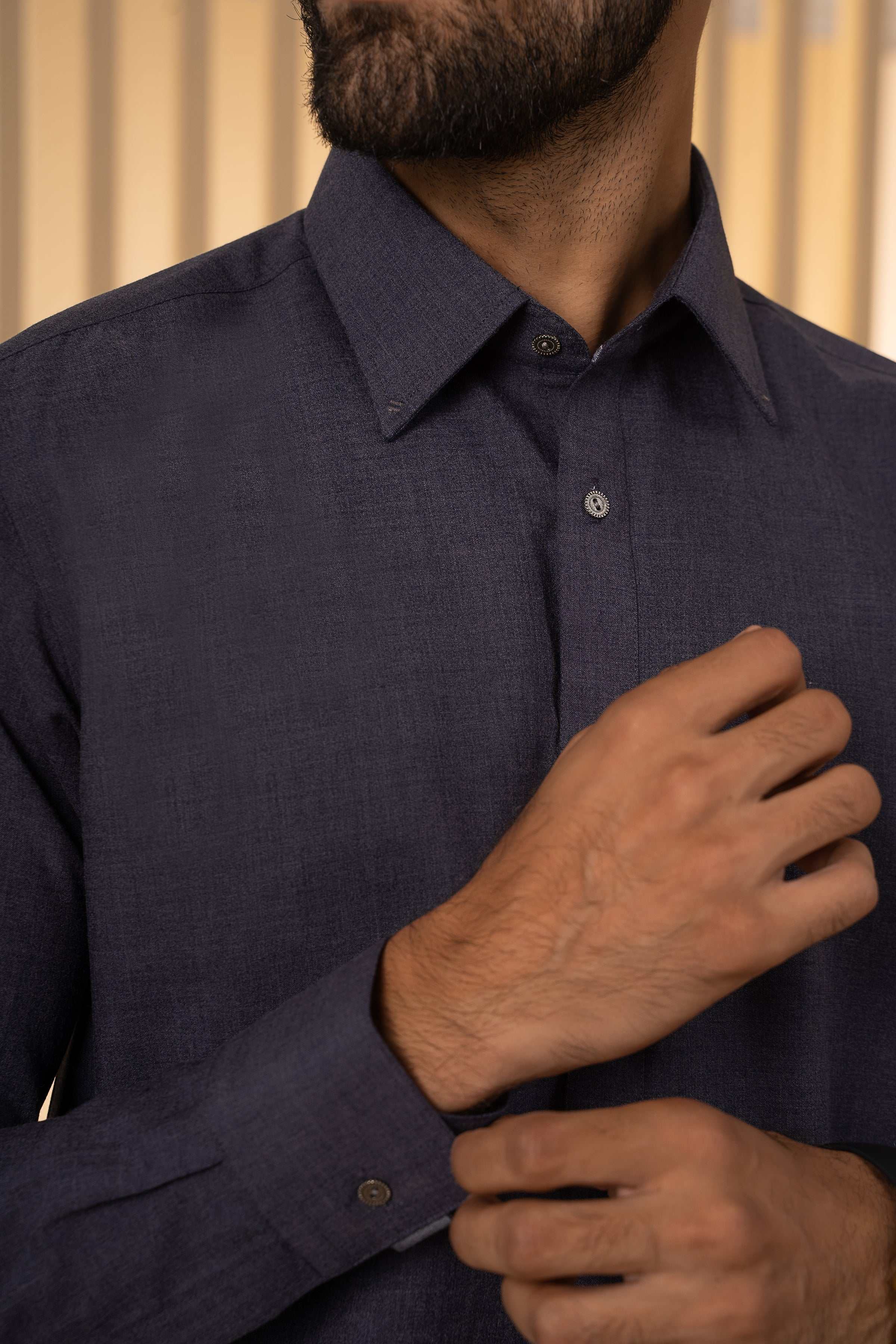 Dark blue melange shalwar kameez collar with button placket and rolled sleeves