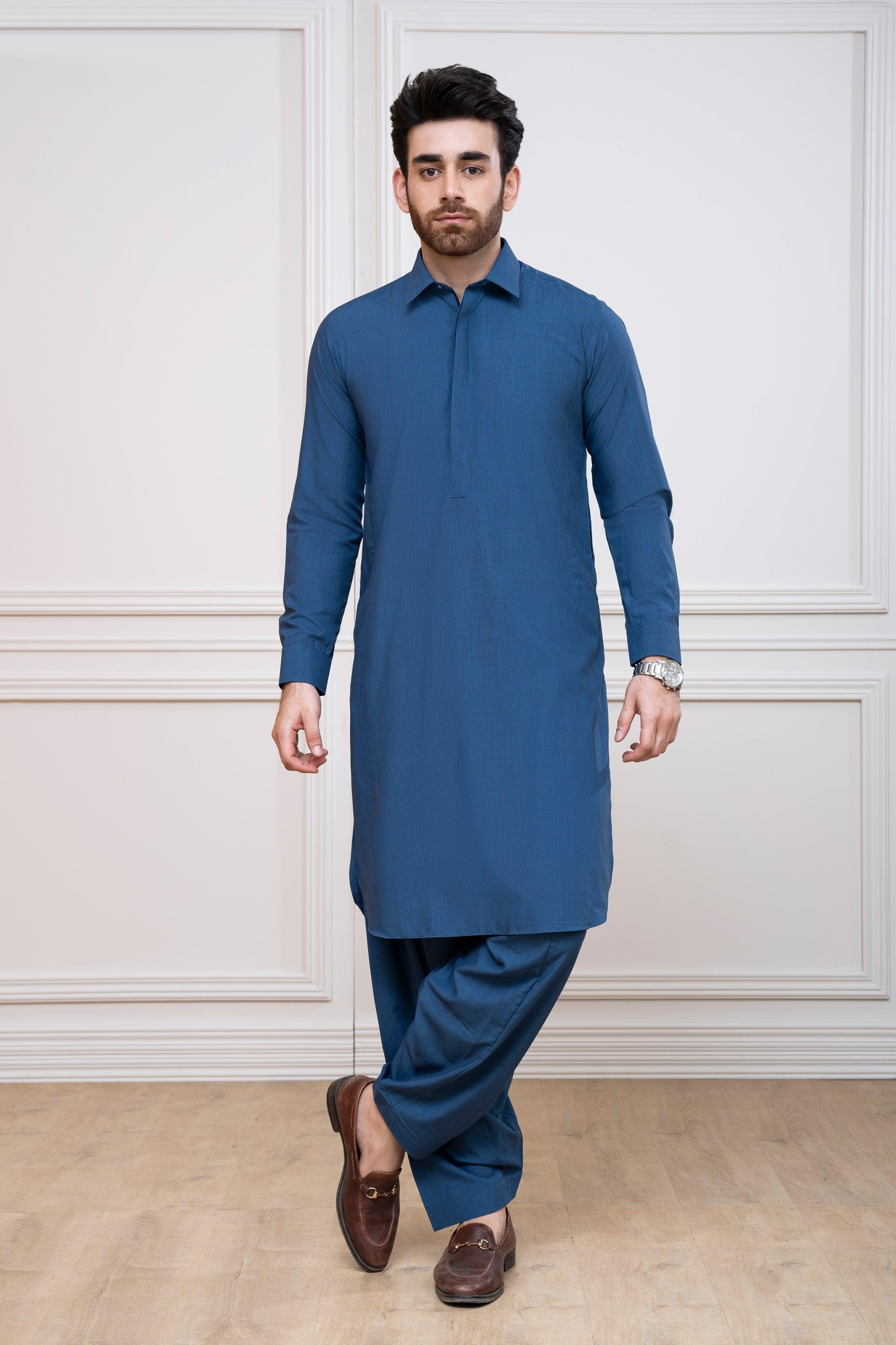 Men's blue shalwar kameez with stand collar and long sleeves, matching trousers