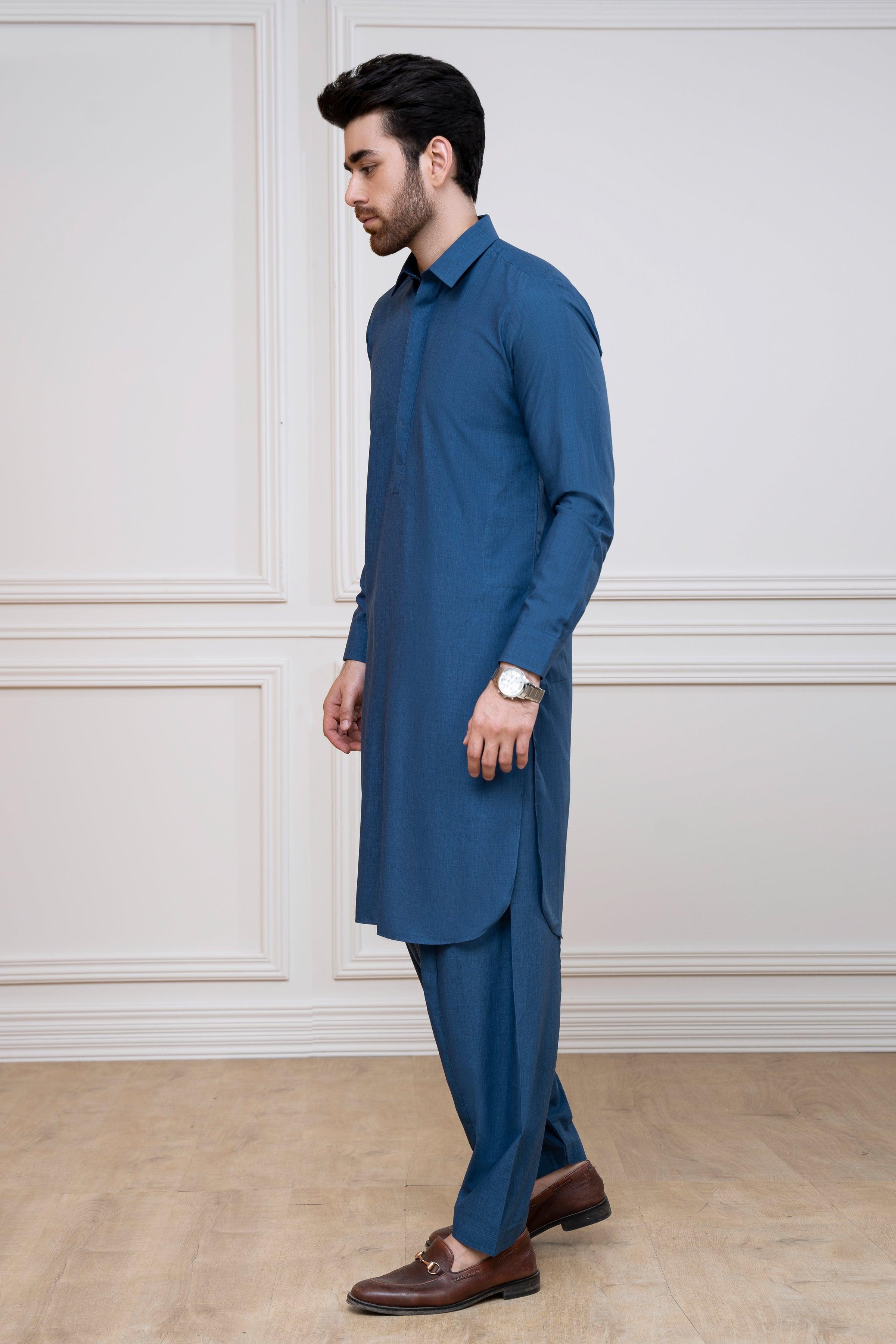 Men's blue shalwar kameez side view with button-front kurta and straight pants