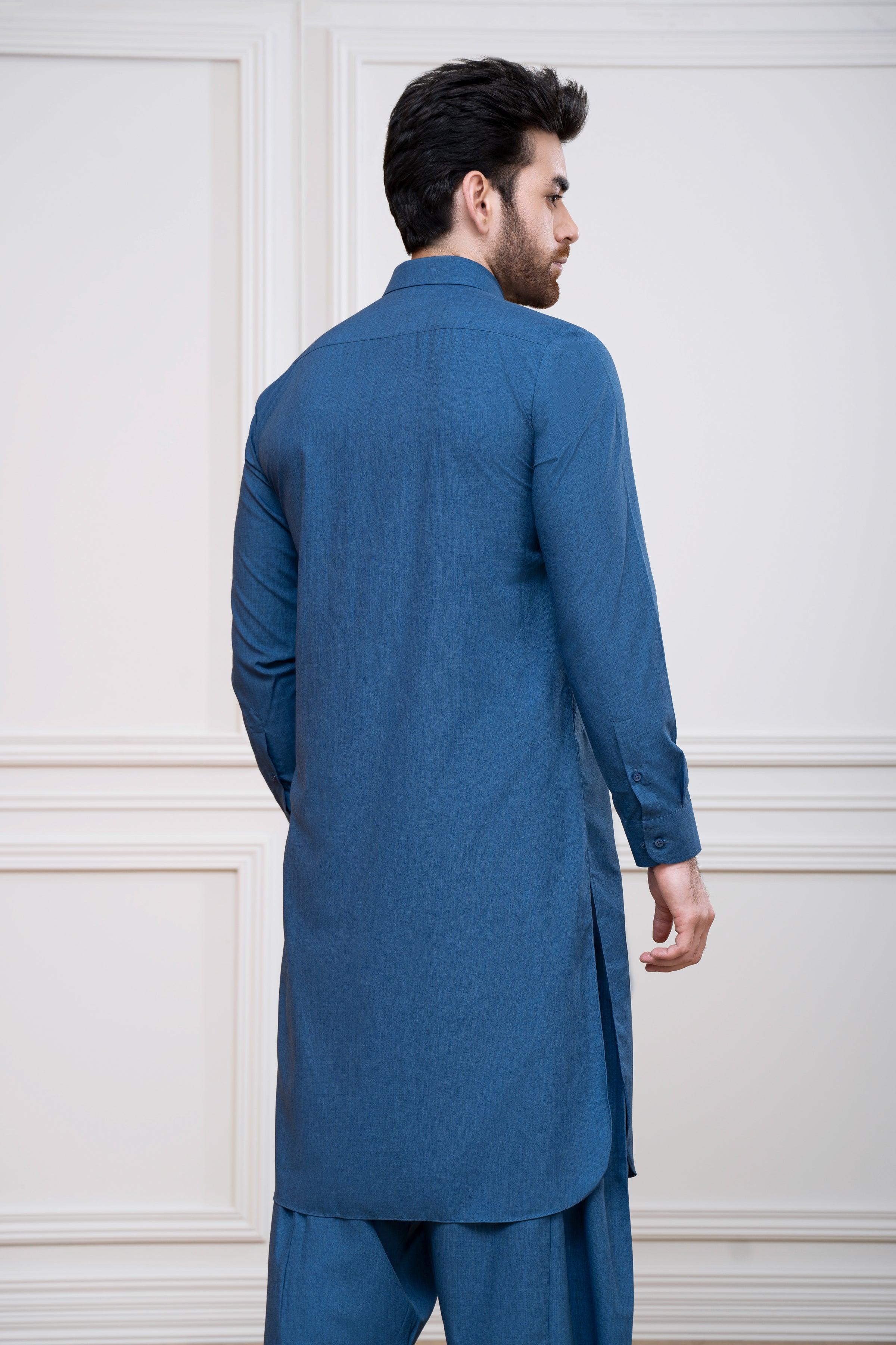 Men's blue shalwar kameez back view with long kurta and matching trousers