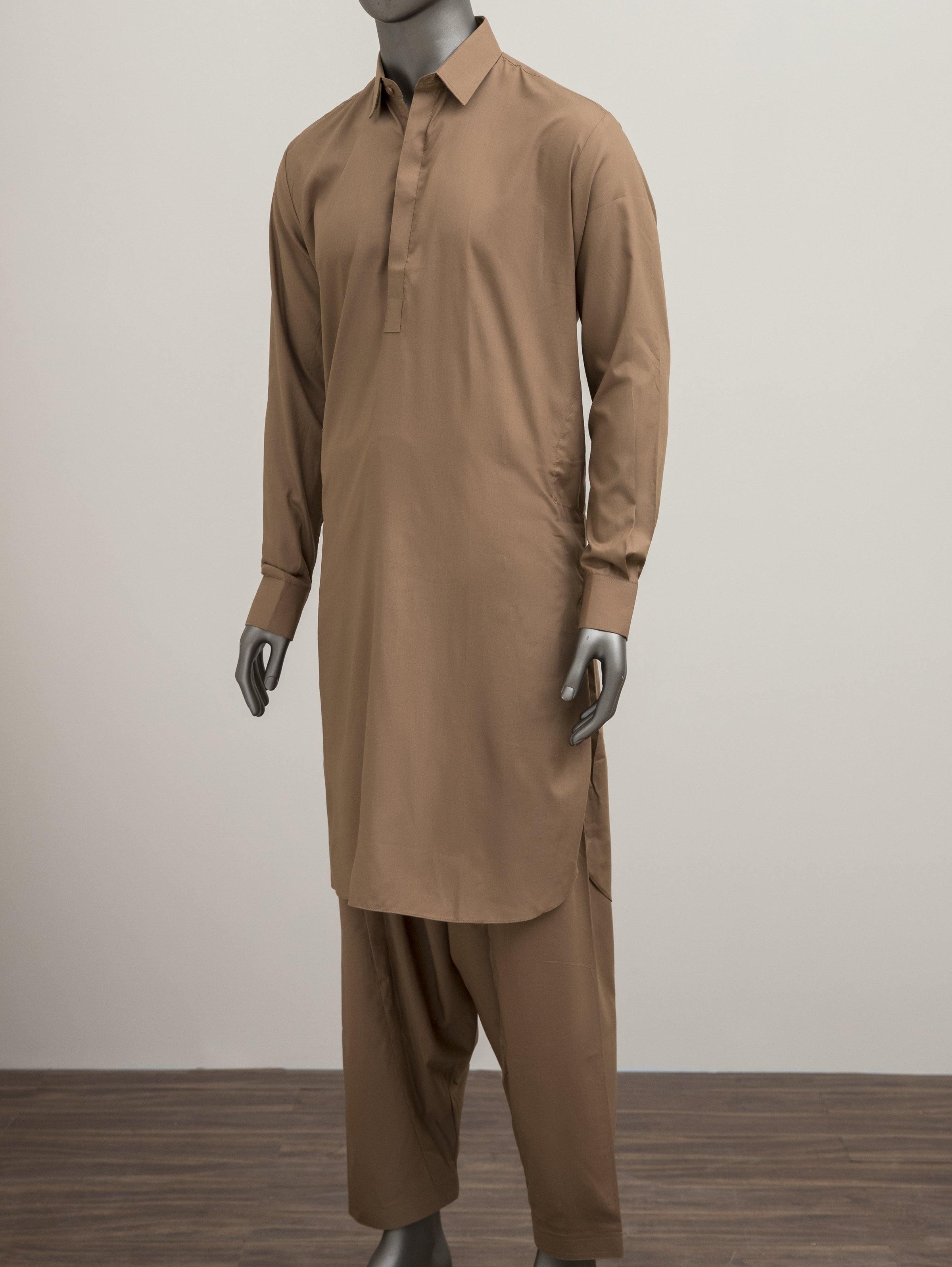 Brown shalwar kameez with long-sleeve button placket and relaxed straight pajama pants