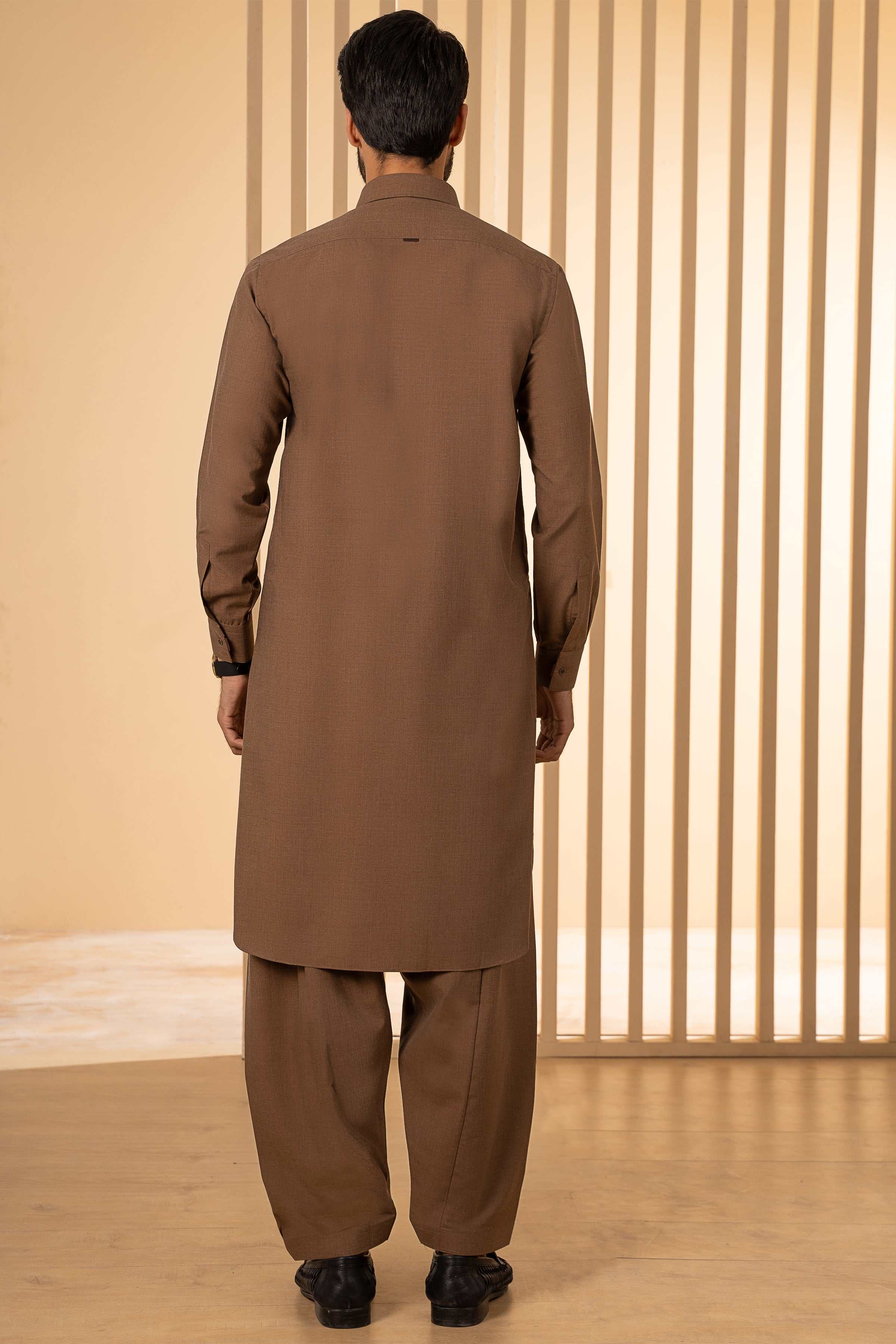 Men's khaki melange shalwar kameez set viewed from the back, long kurta and trousers