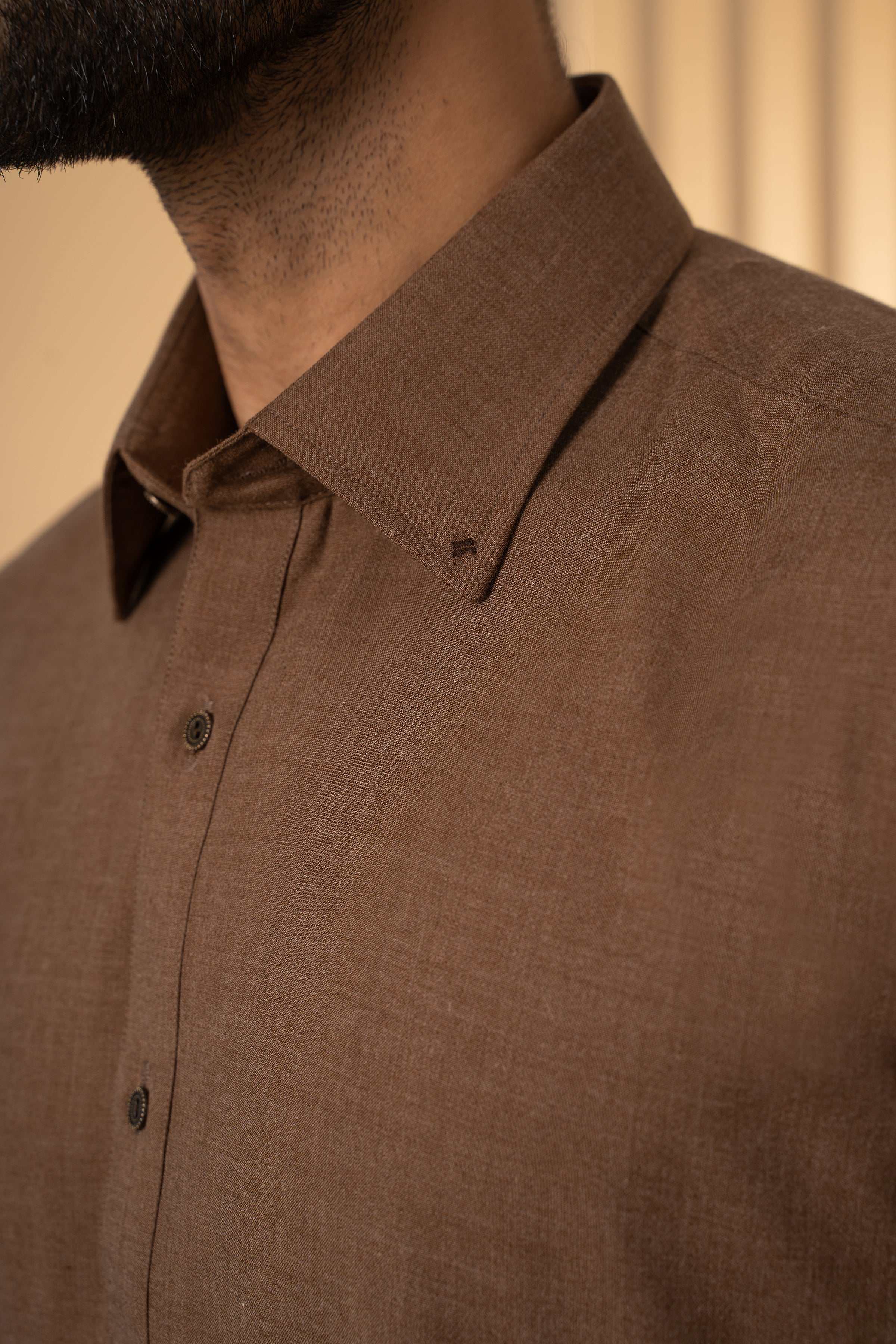 Khaki melange kameez collar and button placket detail with short stand-up neckline