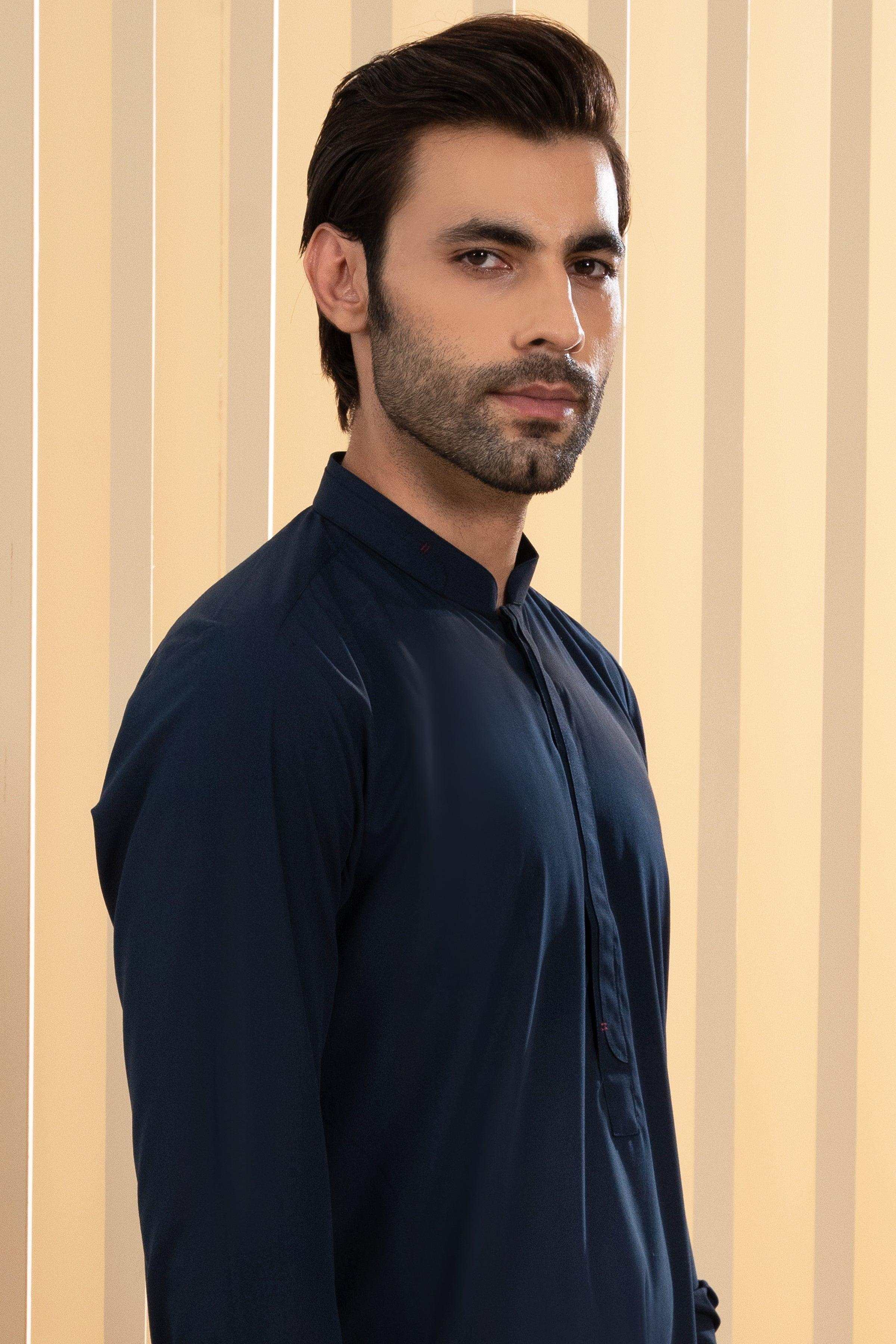 Navy kurta with high collar and button placket, fabric texture detail