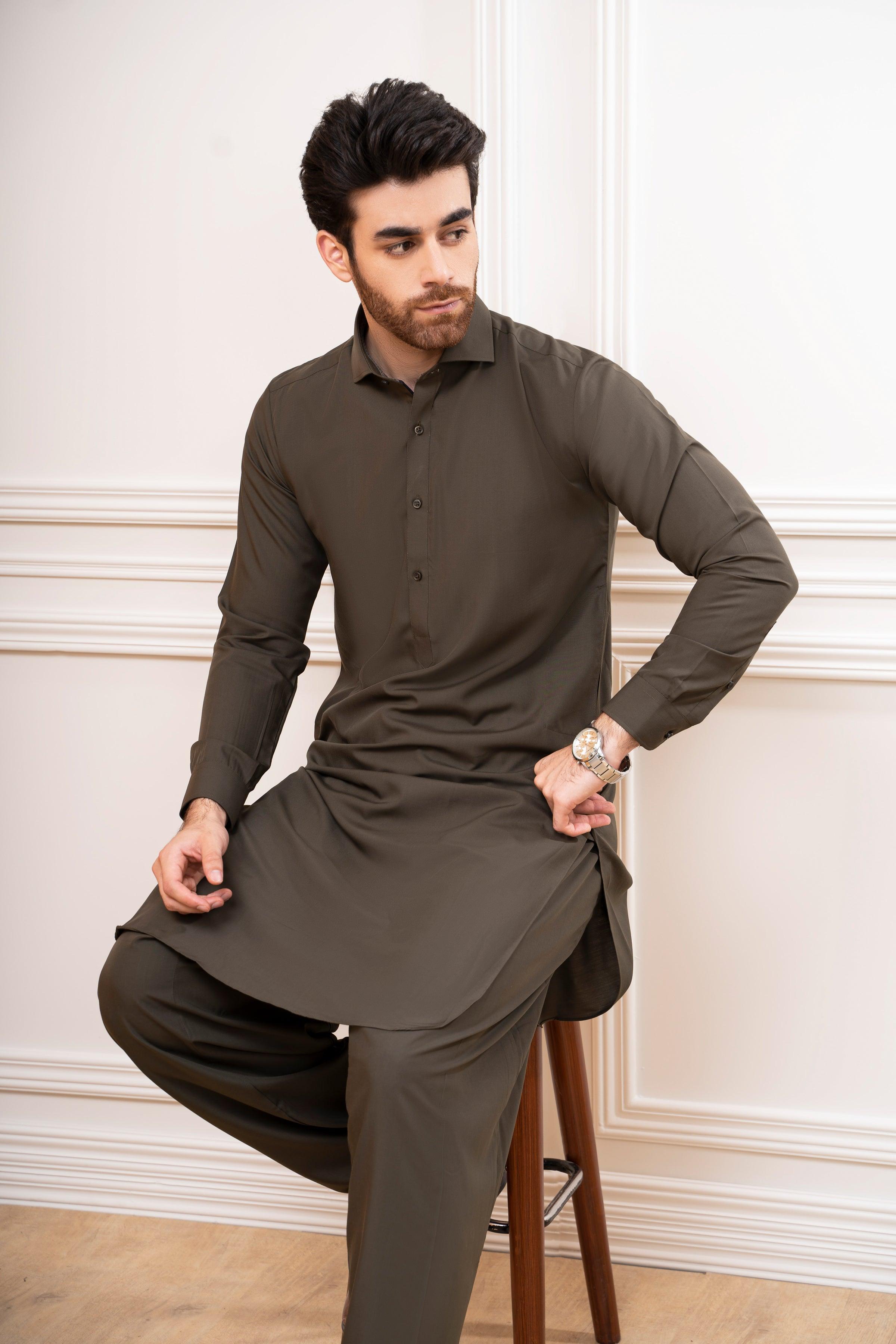 Olive shalwar kameez suit with long kurta and straight matching trousers